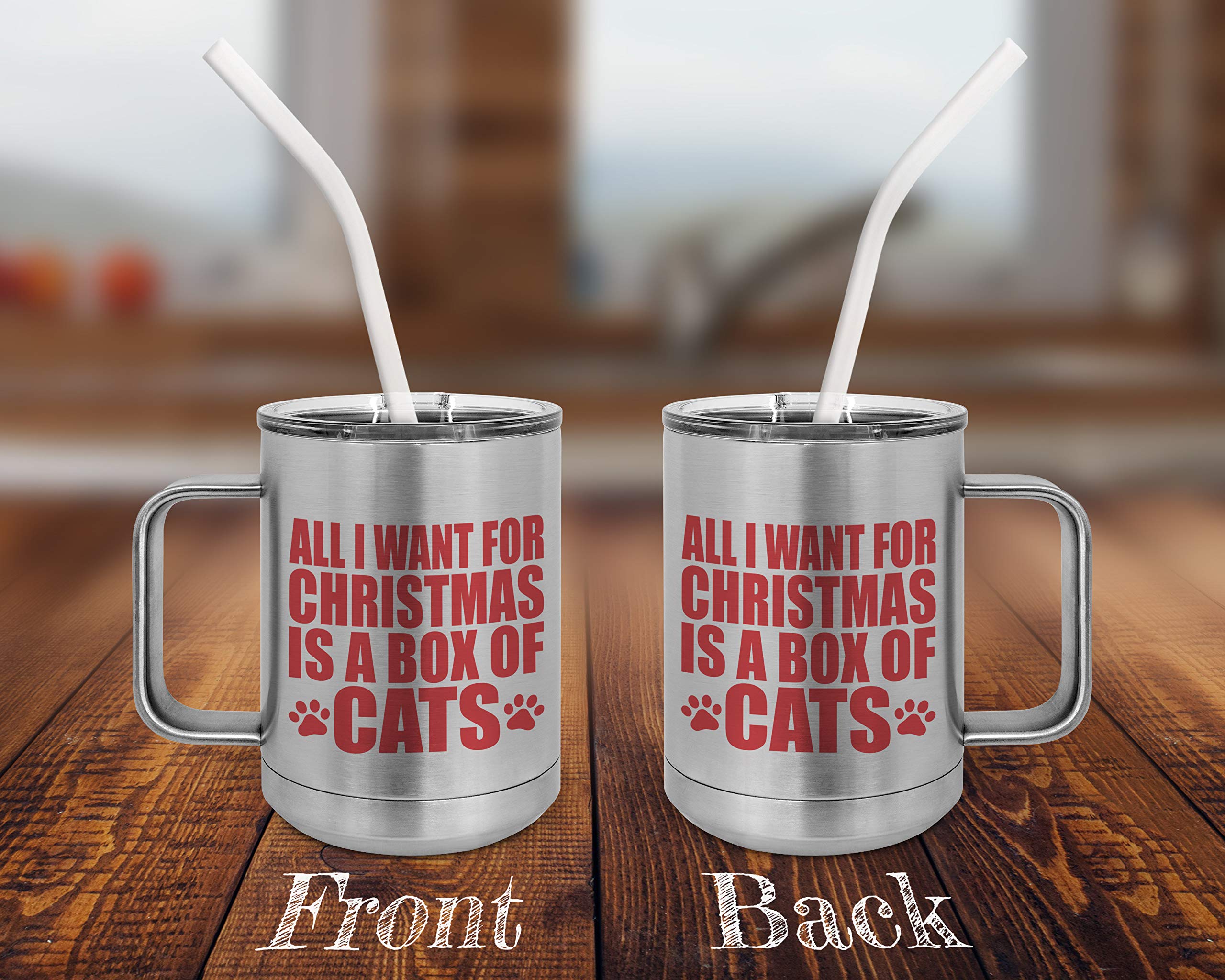 **PixiDoodle Christmas Paw Print Cat Insulated Coffee Mug Tumbler – 15 oz, Spill-Proof Slider Lid & Silicone Straw – Silver – Perfect for Holiday Gifts, Cat Lovers & Coffee Enthusiasts**