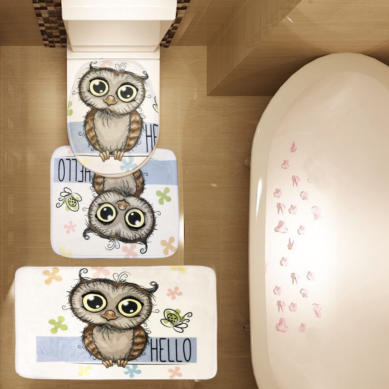3-Piece Funny Cartoon Owl & Butterfly Bathroom Mat Set with Floral Design & Hello Message - Non-Slip Bath Mat, Contour Mat & Toilet Cover for Cozy Home Decor