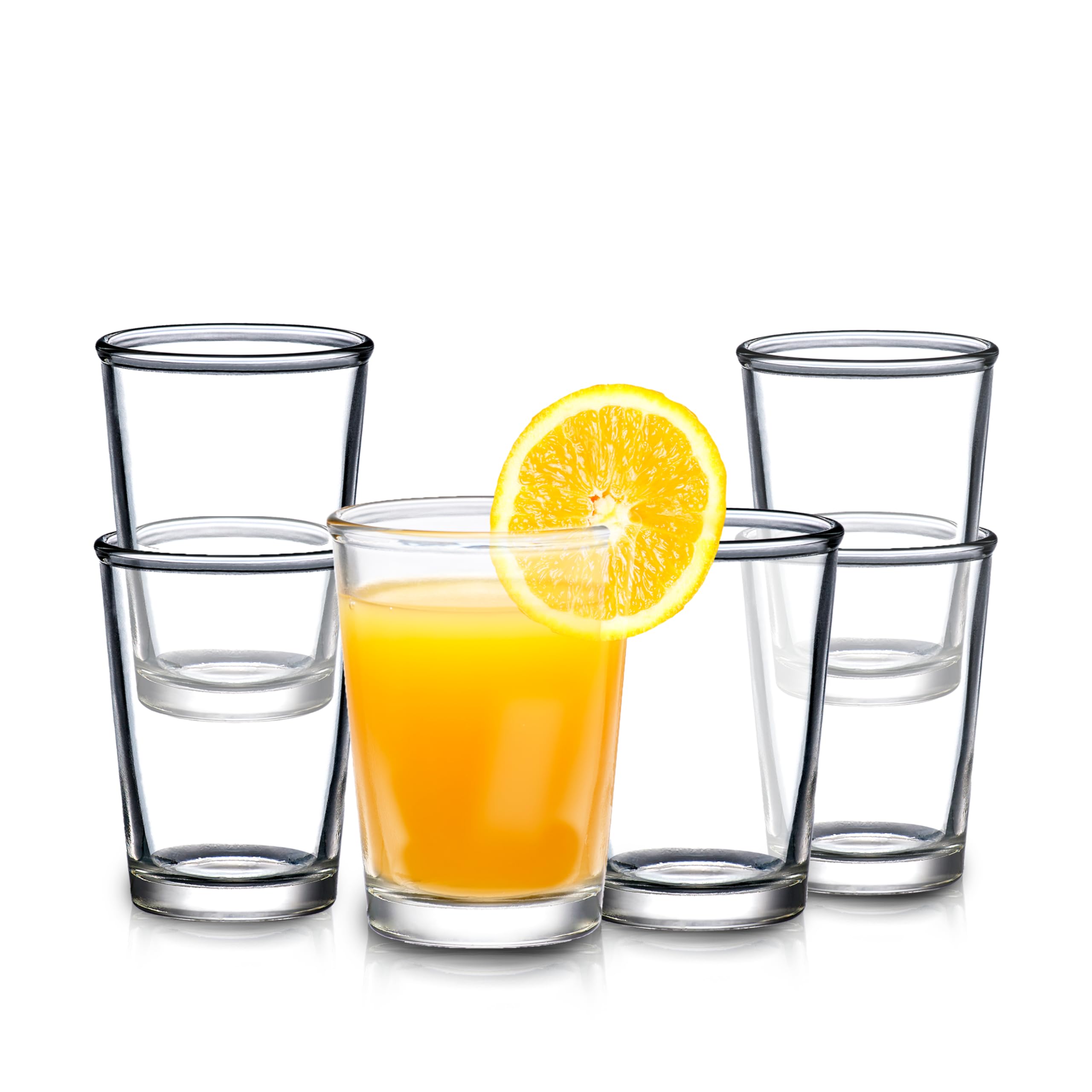 SOUL ONE 5 oz Small Juice Glasses - Set of 6 Stackable Heavy Base Drinking Glasses for Kids & Adults - Perfect for Orange Juice, Water, Milk, Coffee - Ideal for Breakfast, Brunch, Parties & Everyday Use