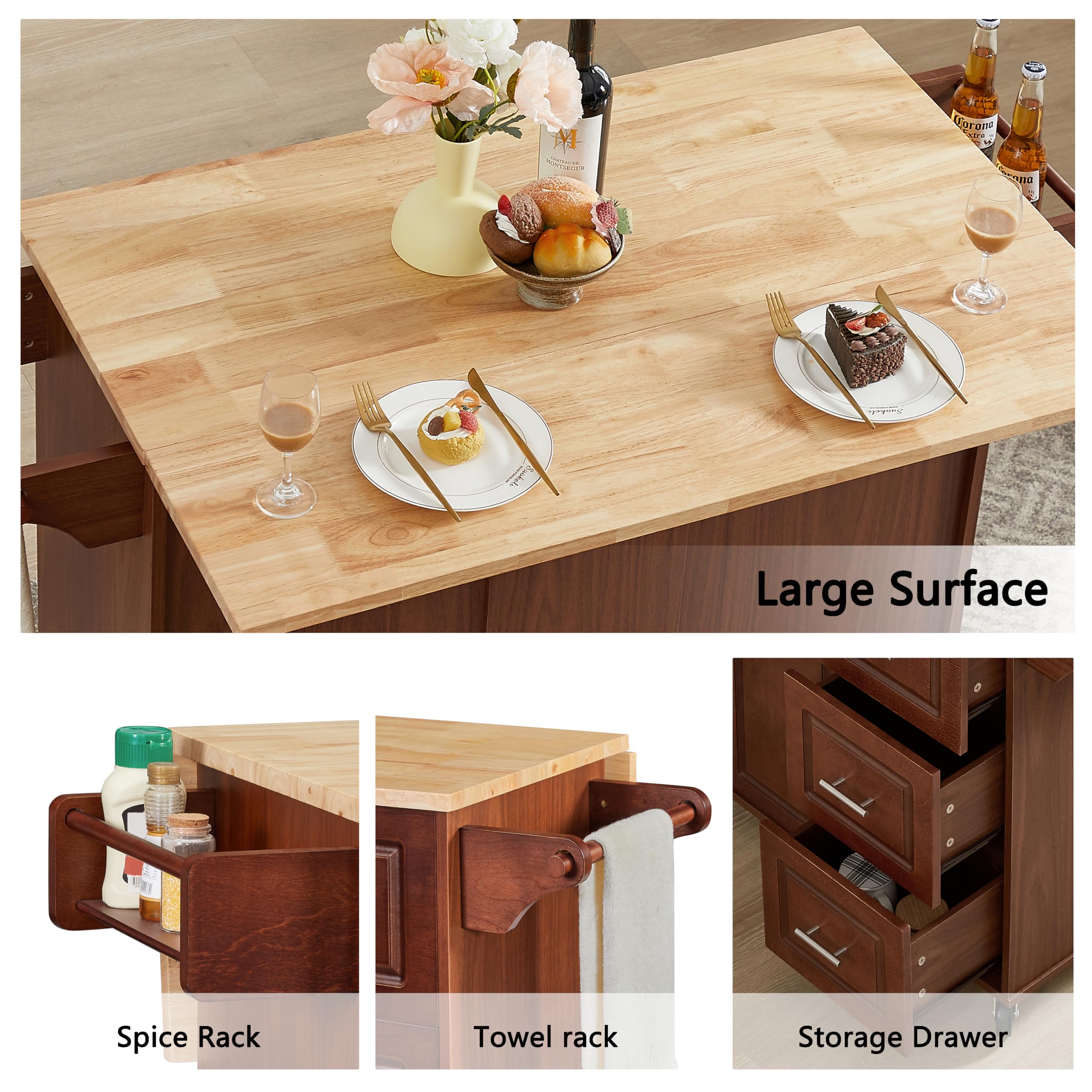 **Rolling Kitchen Island with Storage - Drop Leaf Countertop, Spice Rack, Wheels & Drawers - Mobile Kitchen Cart for Small Spaces, Apartments & Home Cooking (Brown)**    *(Ideal for meal prep, extra counter space, and organizing spices & utensils in compact kitchens.)*