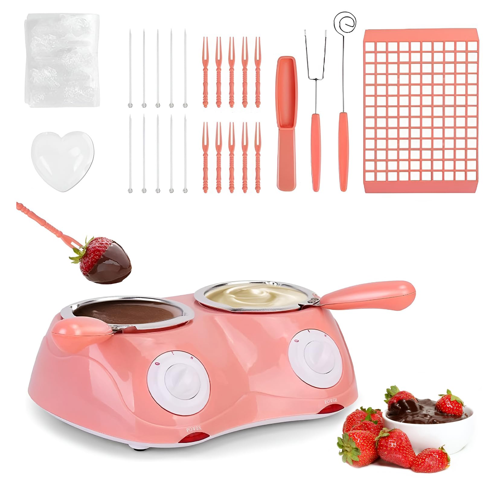 Electric Chocolate Fondue Maker with Double Melting Pot - 2 Adjustable Temperature Mini Fondue Set for Milk Chocolate, Cheese, Butter & Candy - Perfect for Parties, Desserts & DIY Treats