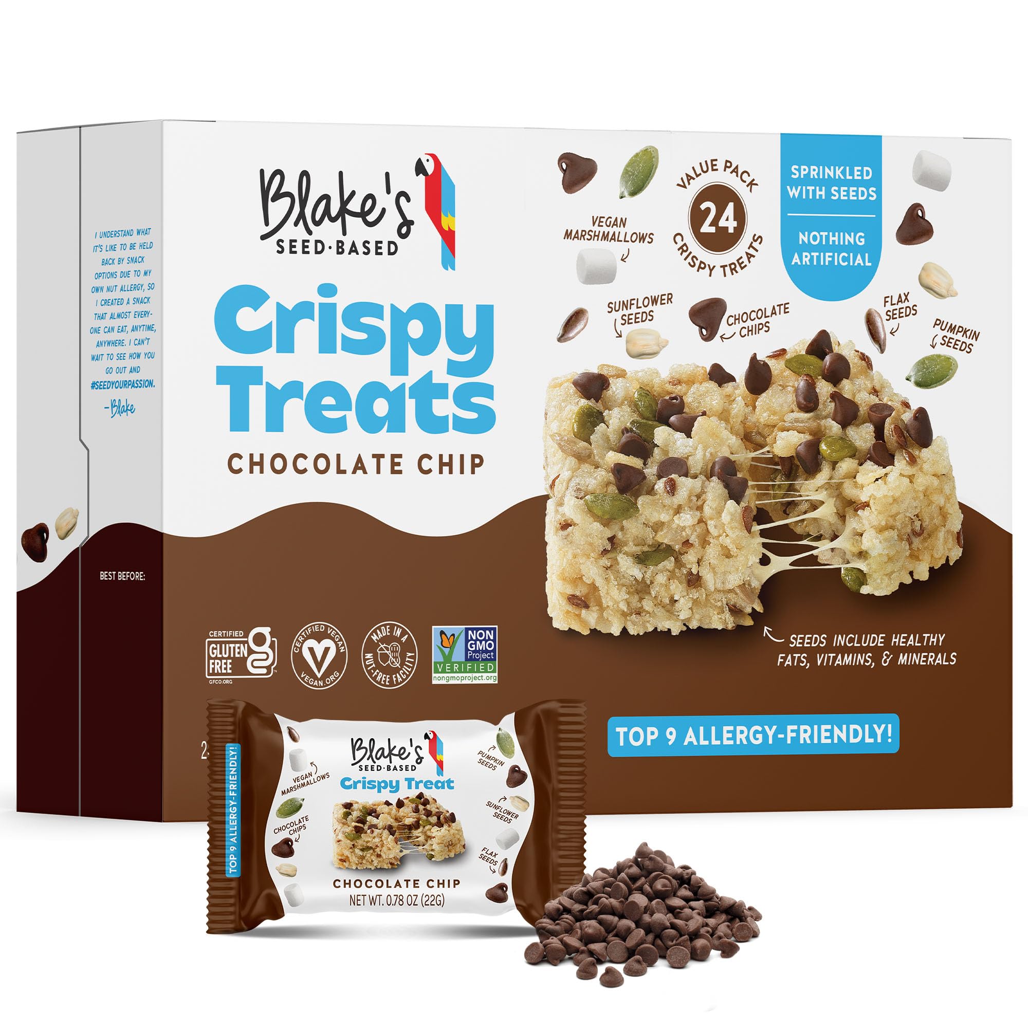 Blake’s Seed Based Crispy Treats - Chocolate Chip (24 Count) | Nut Free, Gluten Free, Dairy Free & Vegan Healthy Snacks | Low Calorie, Soy Free, School Safe Snacks for Kids & Adults | Perfect for Lunchboxes, Office Snacks & On-the-Go Energy