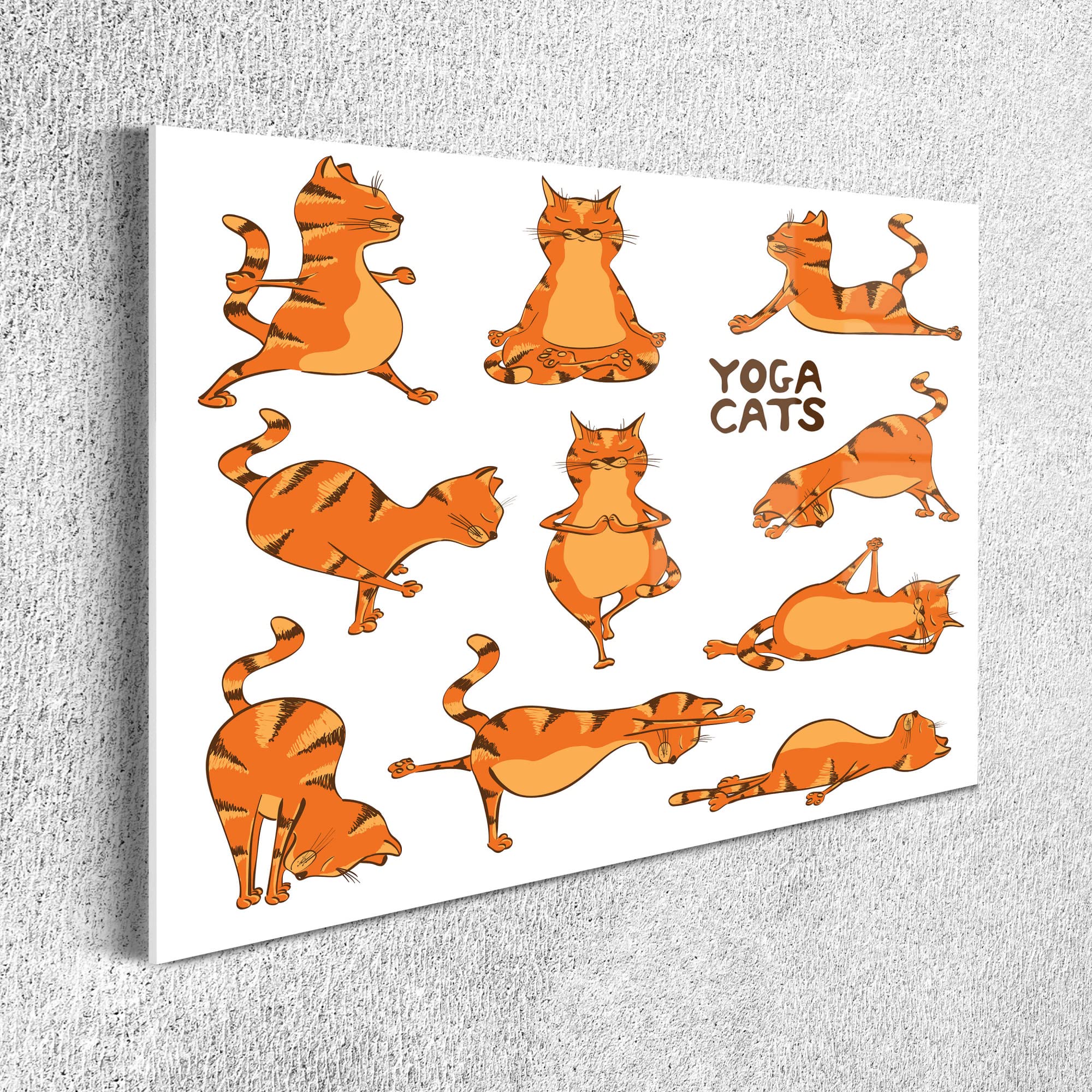 Lunarable Cat Yoga Wall Art - Acrylic Glass Painting of Stretching Cats in White & Orange (26.3x19.6 Inch) - Perfect Home Decor for Living Room, Bedroom & Dorm - Playful Animal Art for Yoga Lovers & Cat Enthusiasts
