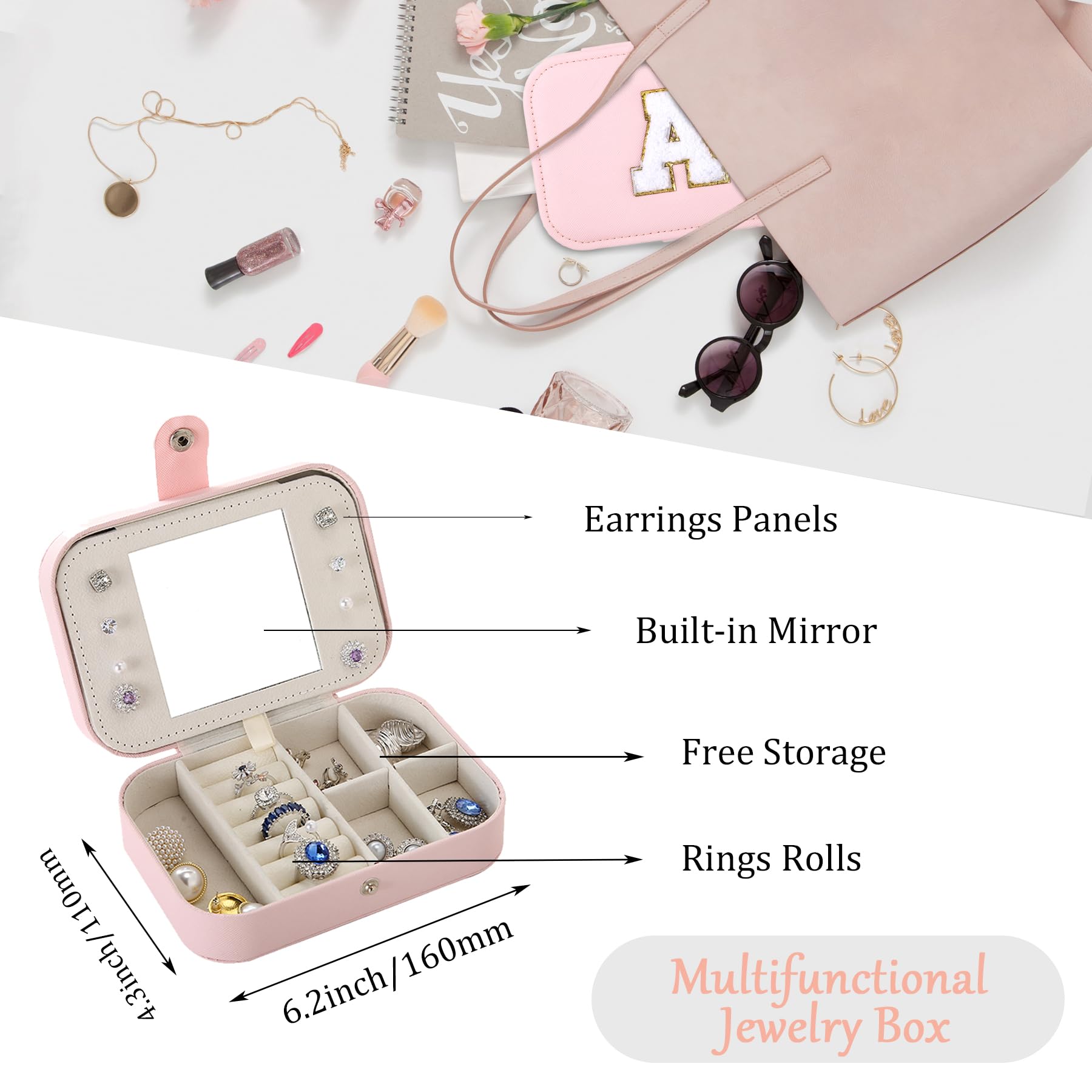 Initial C Jewelry Box Organizer - Pink PU Leather Travel Jewelry Case with Mirror, Personalized Jewelry Storage for Women & Girls | Perfect Birthday Gift, Travel Accessory & Home Decor