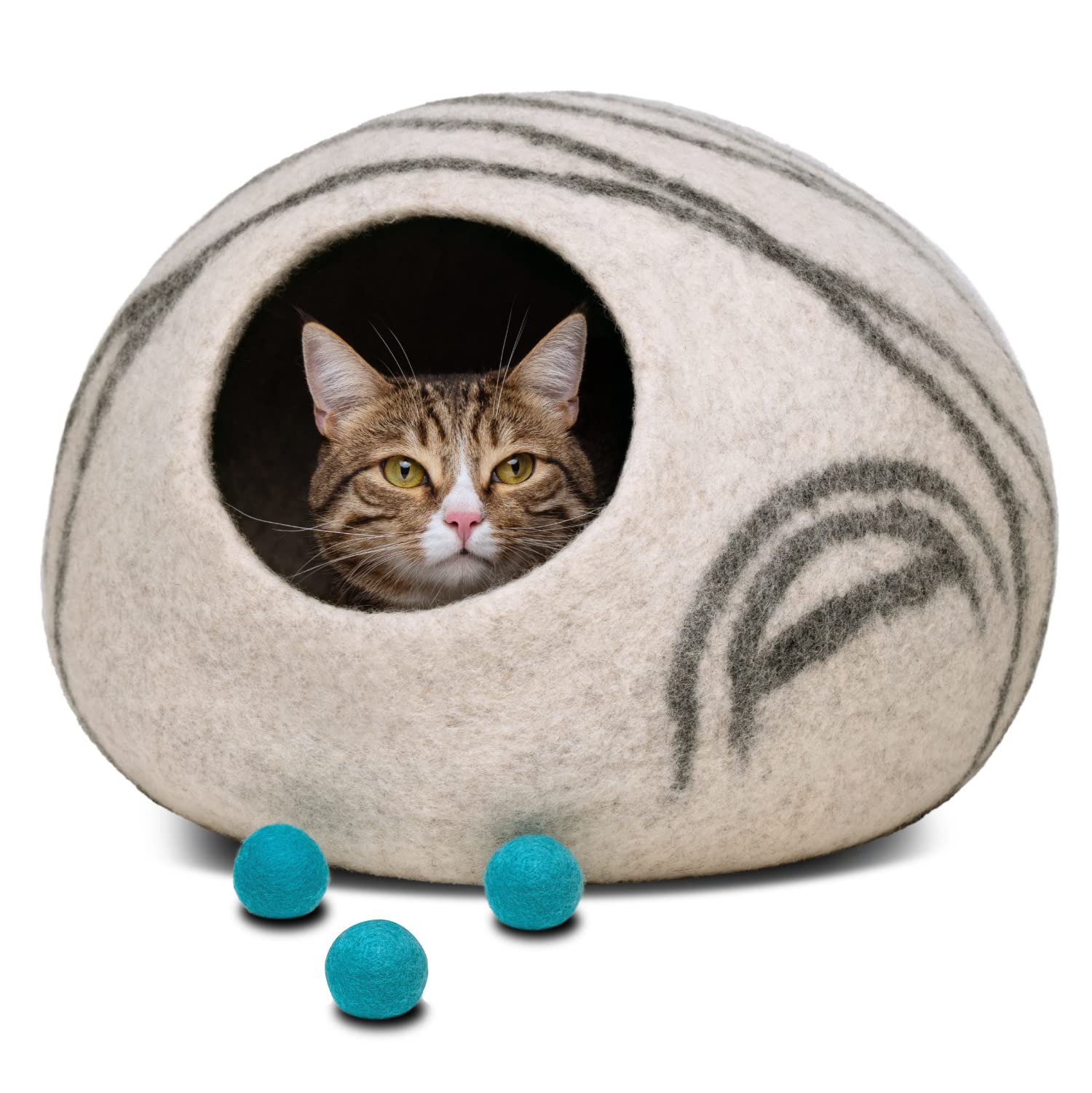 Premium Felt Cat Bed Cave & Wool Ball Toys Bundle - Cozy Light Grey Medium Cat Cave with 6-Pack Natural Wool Balls for Indoor Cats - Perfect for Napping, Playtime & Stress Relief