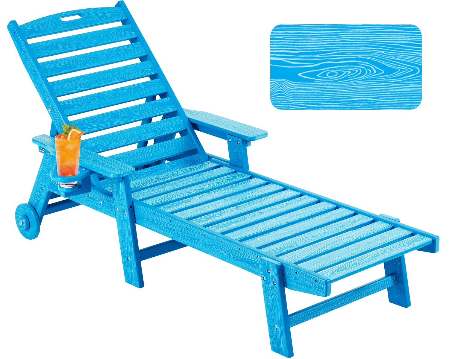 Outdoor Chaise Lounge Chair with Wheels - Oversized Patio Lounge Chair with Wood Texture - 5-Position Adjustable Plastic Sunbed for Poolside, Deck, Beach & Backyard Relaxation (Pacific Blue) - Perfect for Sunbathing, Lounging & Outdoor Leisure