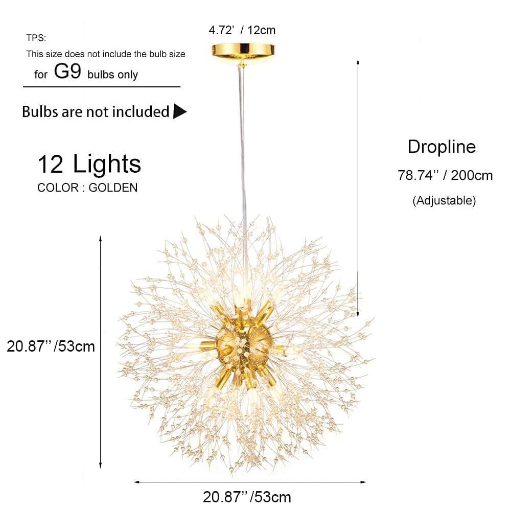 Vikaey Modern Dandelion Firework Chandelier - 12-Light Gold Crystal Pendant Lighting for Dining Room, Living Room, Bedroom, Entryway & Bathroom | Elegant Ceiling Fixture for Home Decor, Wedding & Luxury Interior Design