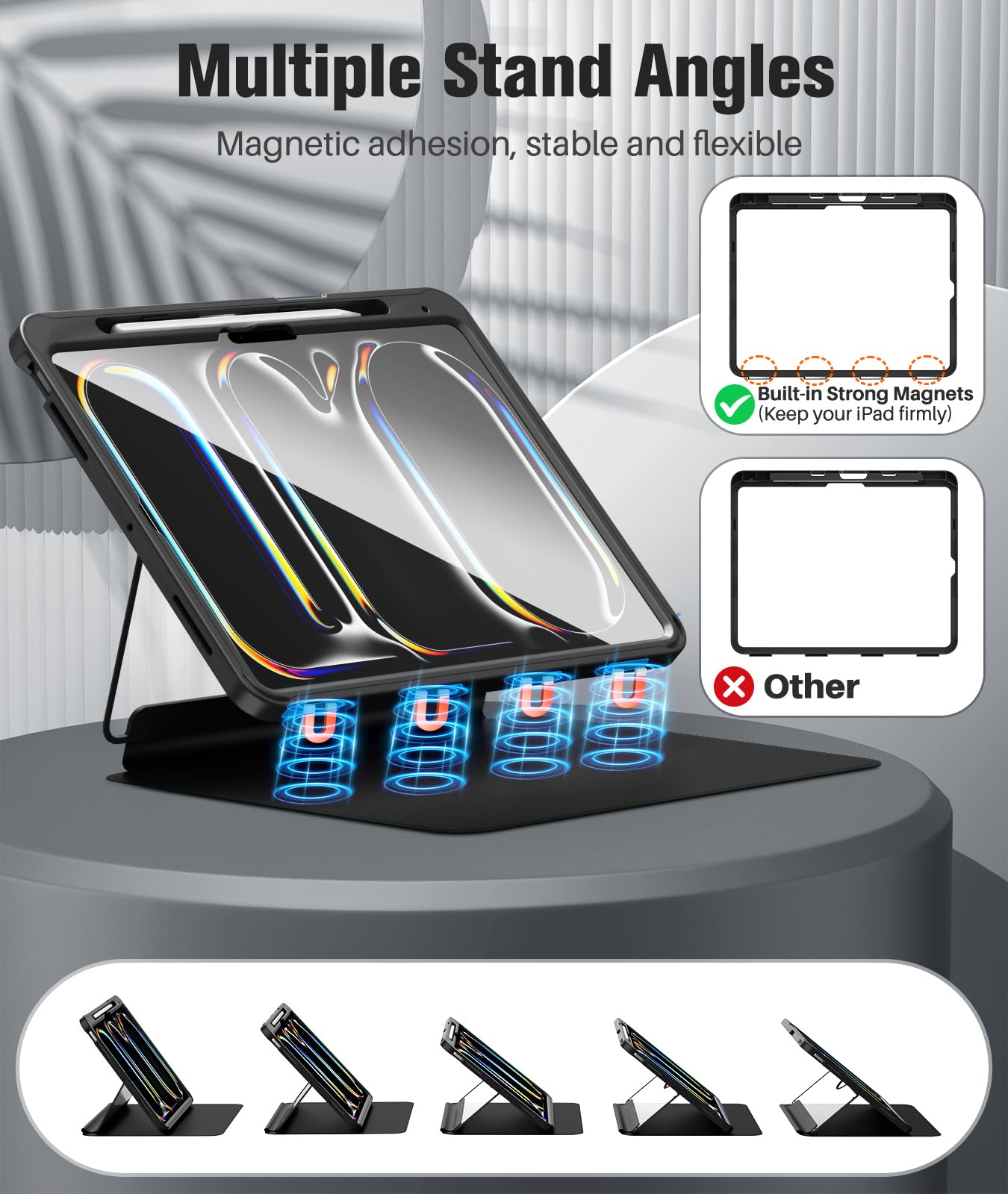 MoKo iPad Pro 13 Inch Case 2024 M4 (7th Generation) with Pencil Holder - Built-in Screen Protector, Clear Back Cover & Magnetic Multi-Angle Stand - Protective Case for iPad Pro 13 M4 (Perfect for Work, Study, and Travel) - Black