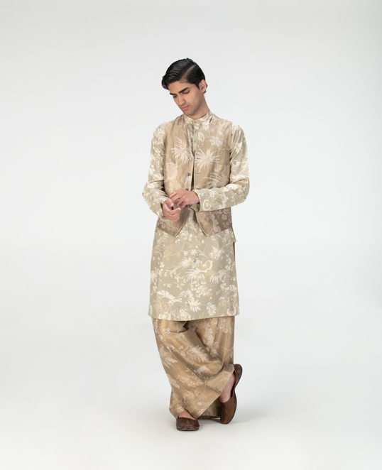 Elegant Silk Brocade Vest Coat in Oyster Grey - Perfect for Formal Events, Weddings & Special Occasions