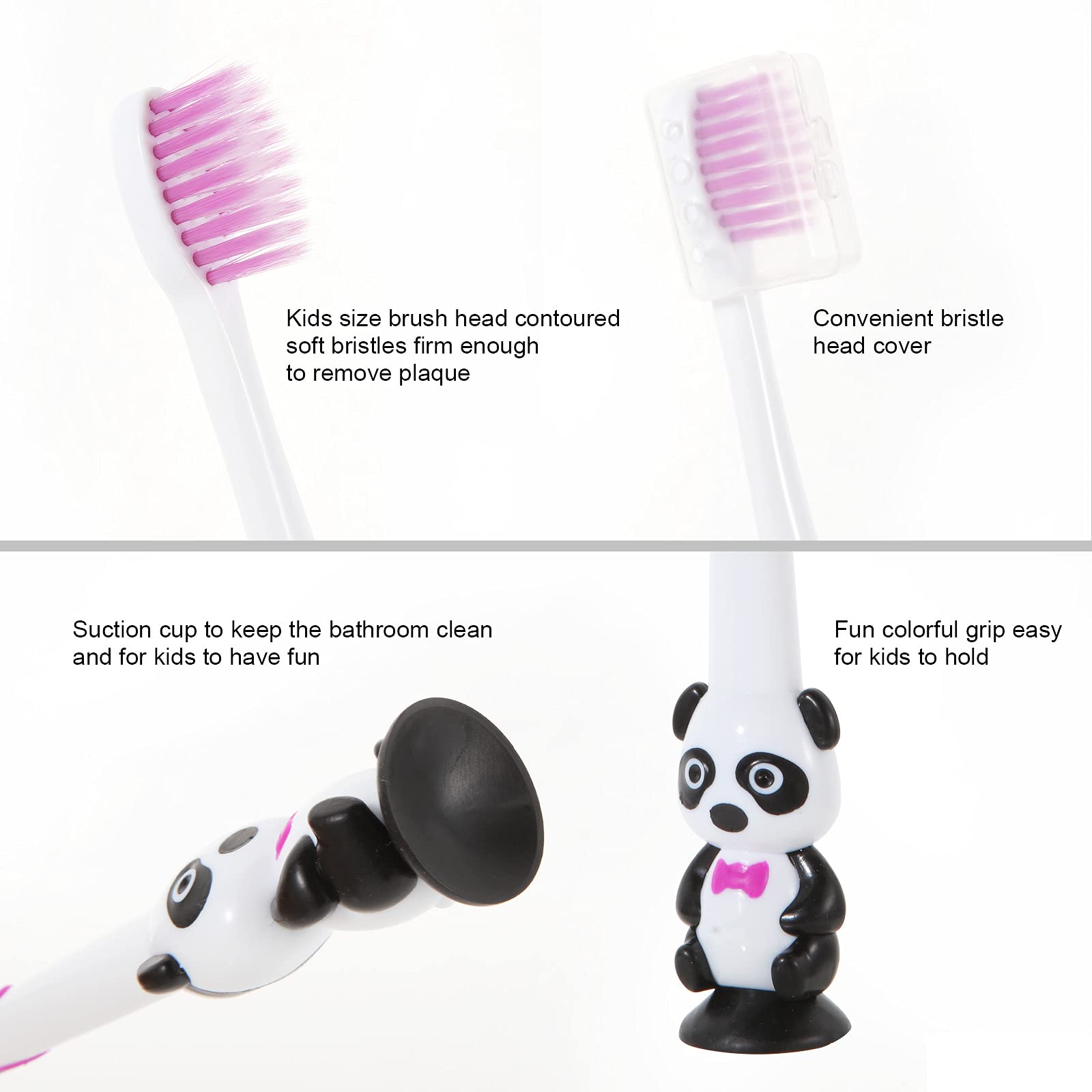 6 Pack Kids Toothbrushes with Soft Bristles & Suction Cup - Cute Bear Panda Design for Boys & Girls Ages 3+, Includes Travel Covers - Gentle Dental Care for Toddlers & Children - Perfect for Home, School & Travel Use