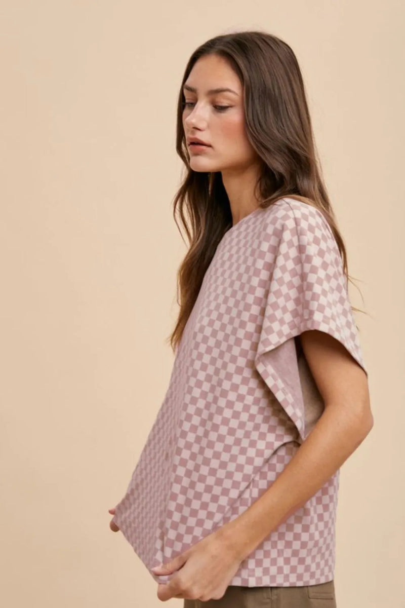 Annie Wear Women's Checkered Round Neck Short Sleeve T-Shirt - Casual Summer Top for Outfits, Streetwear & Everyday Wear