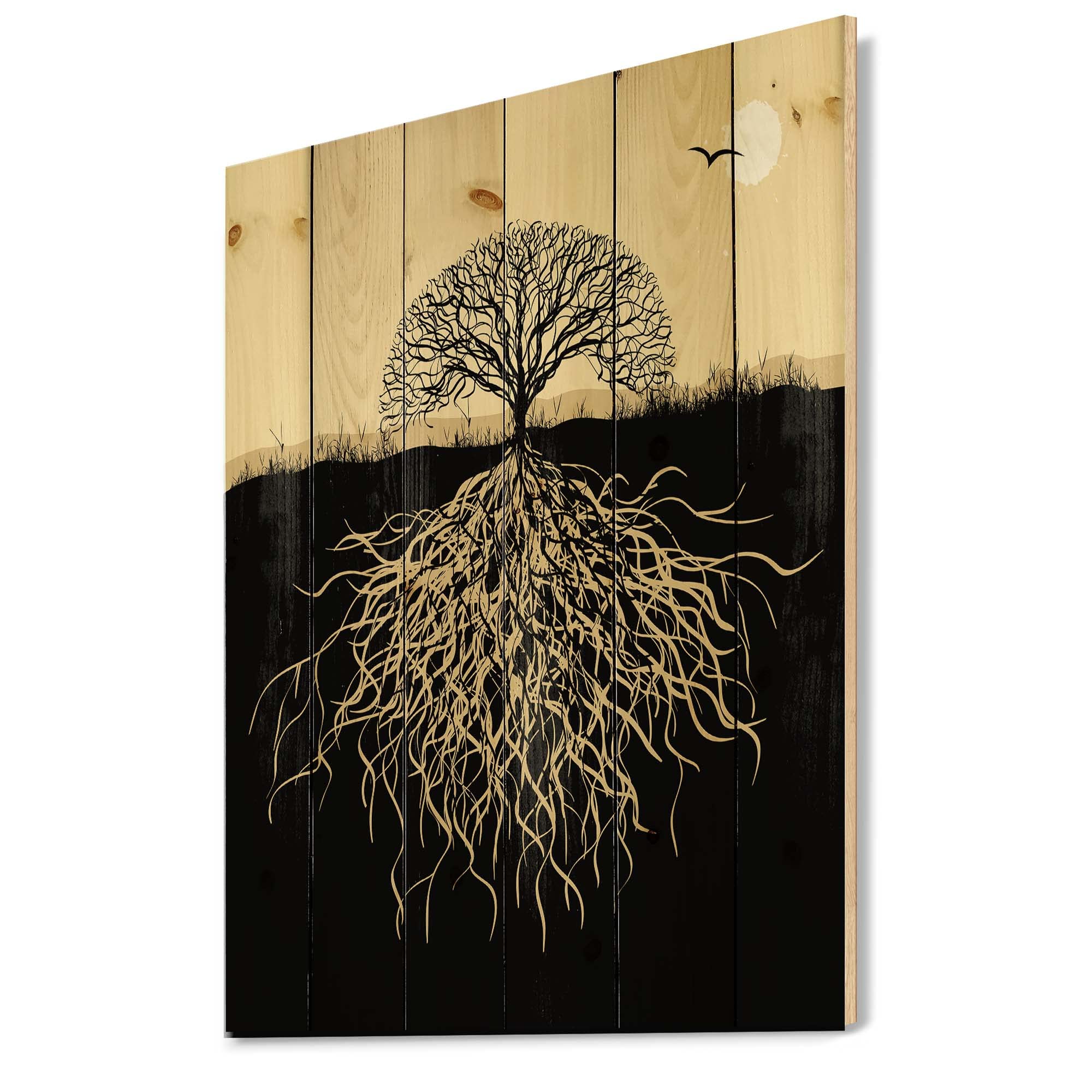 DesignQ Tree Silhouette Wall Art - Black Wooden Wall Decor with Roots, Large Landscape Panel Printed on Natural Pine Wood - Perfect for Living Room, Bedroom & Office Decor