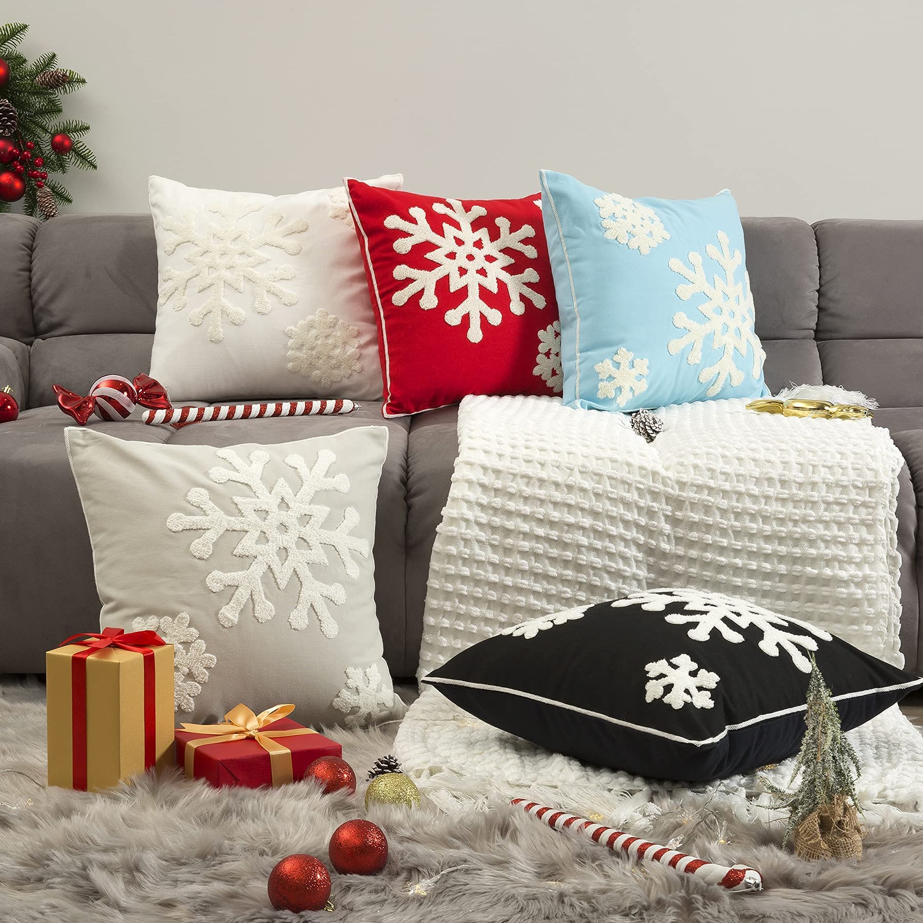 Christmas Pillow Covers Set of 2 - 18x18 Inch Embroidery Snowflake Throw Pillow Covers, Decorative Cotton Linen Cushion Cases for Sofa, Bed & Home Decor (White) - Perfect for Holiday Decorations, Winter Home Styling and Cozy Seasonal Ambiance