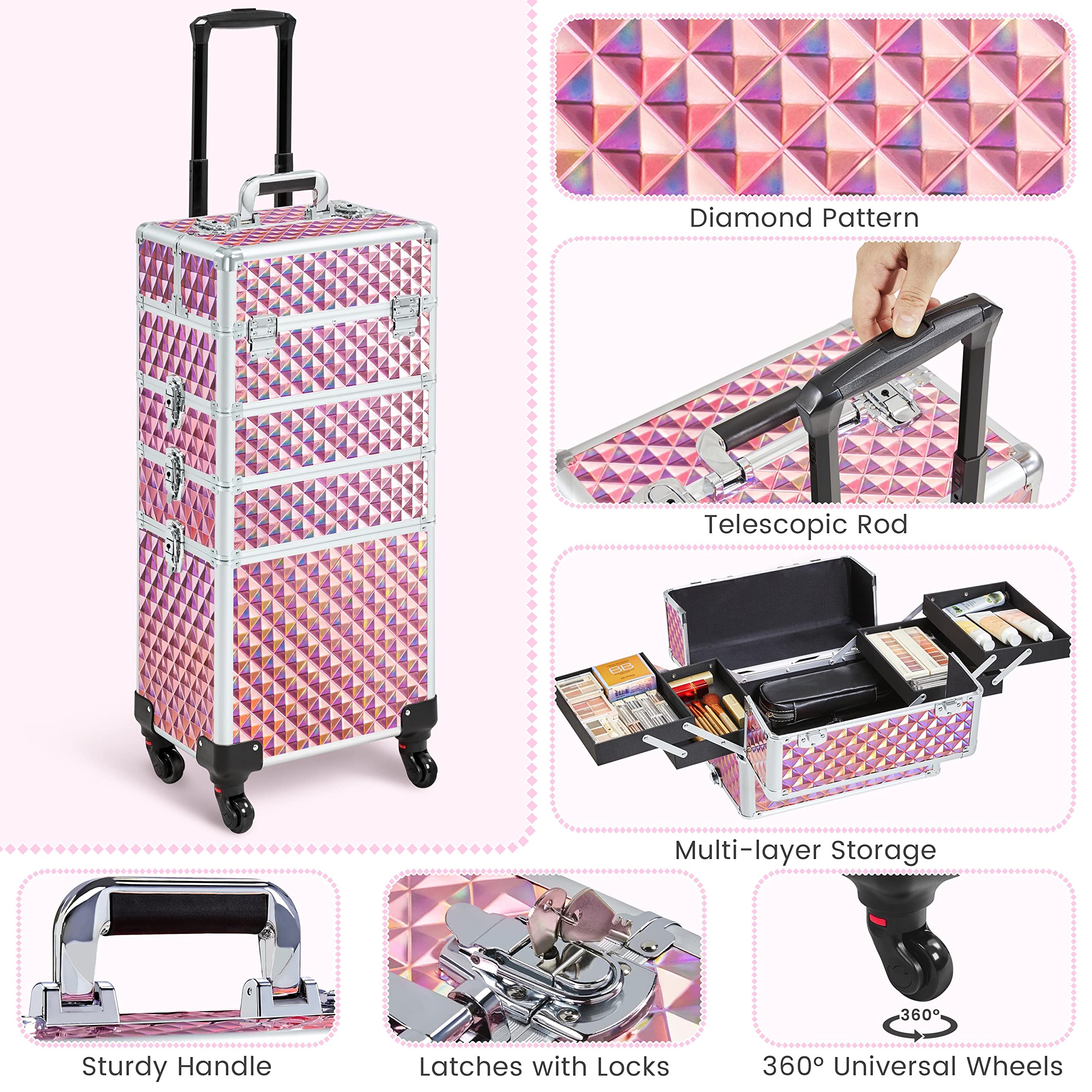 Yaheetech 4-in-1 Professional Makeup Train Case - Rolling Cosmetic Trolley with 4 Detachable Swivel Wheels, Makeup Organizer & Travel Case in Glitter Pink | Perfect for Salon Artists, Mobile Makeup Services & Beauty Professionals On-The-Go