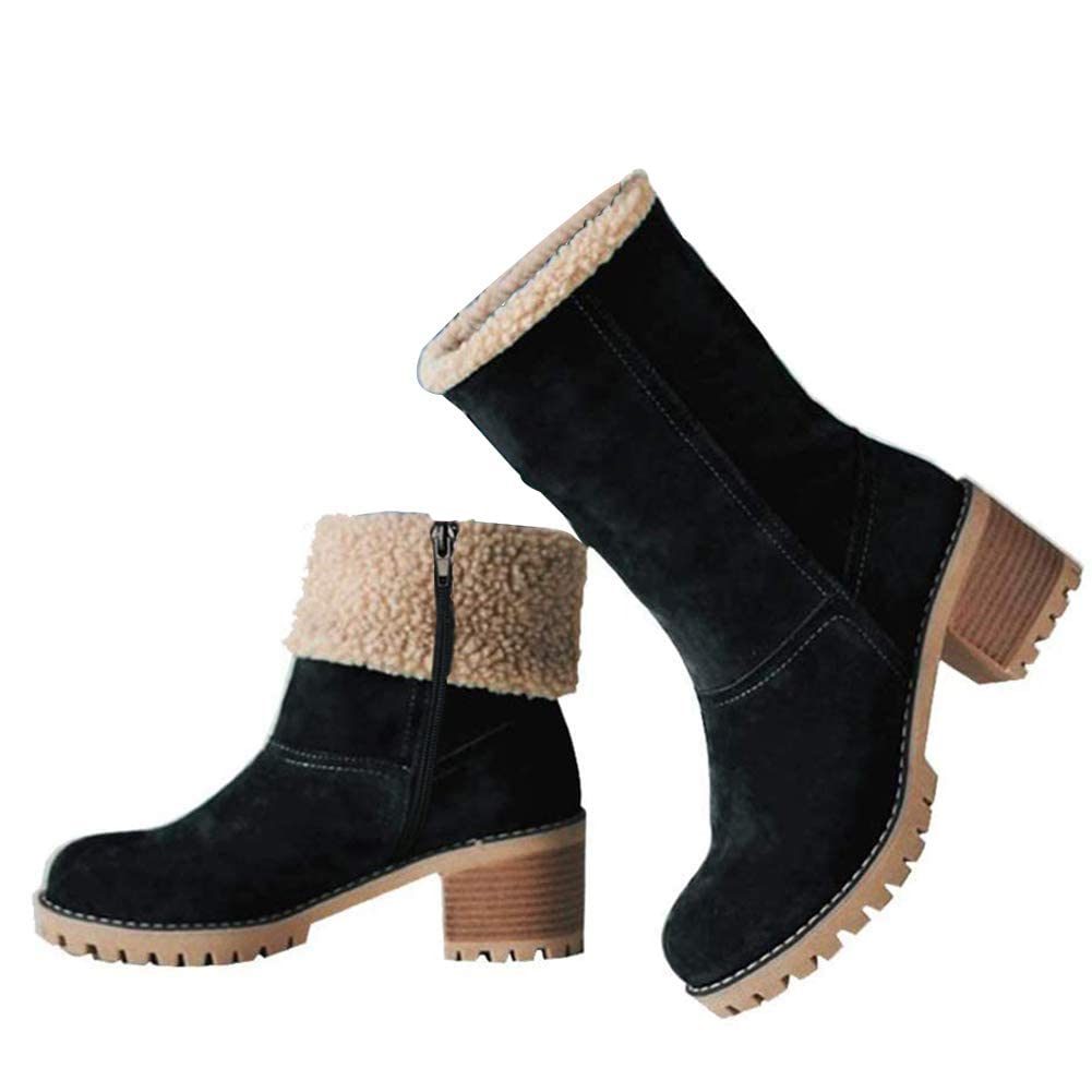 Vimisaoi Women's Winter Boots - Comfortable Zip Slip-On Mid Heel Suede Snow Boots with Warm Fur Lining | Chunky Heel Ankle Booties for Outdoor, Snowy Weather & Casual Winter Fashion
