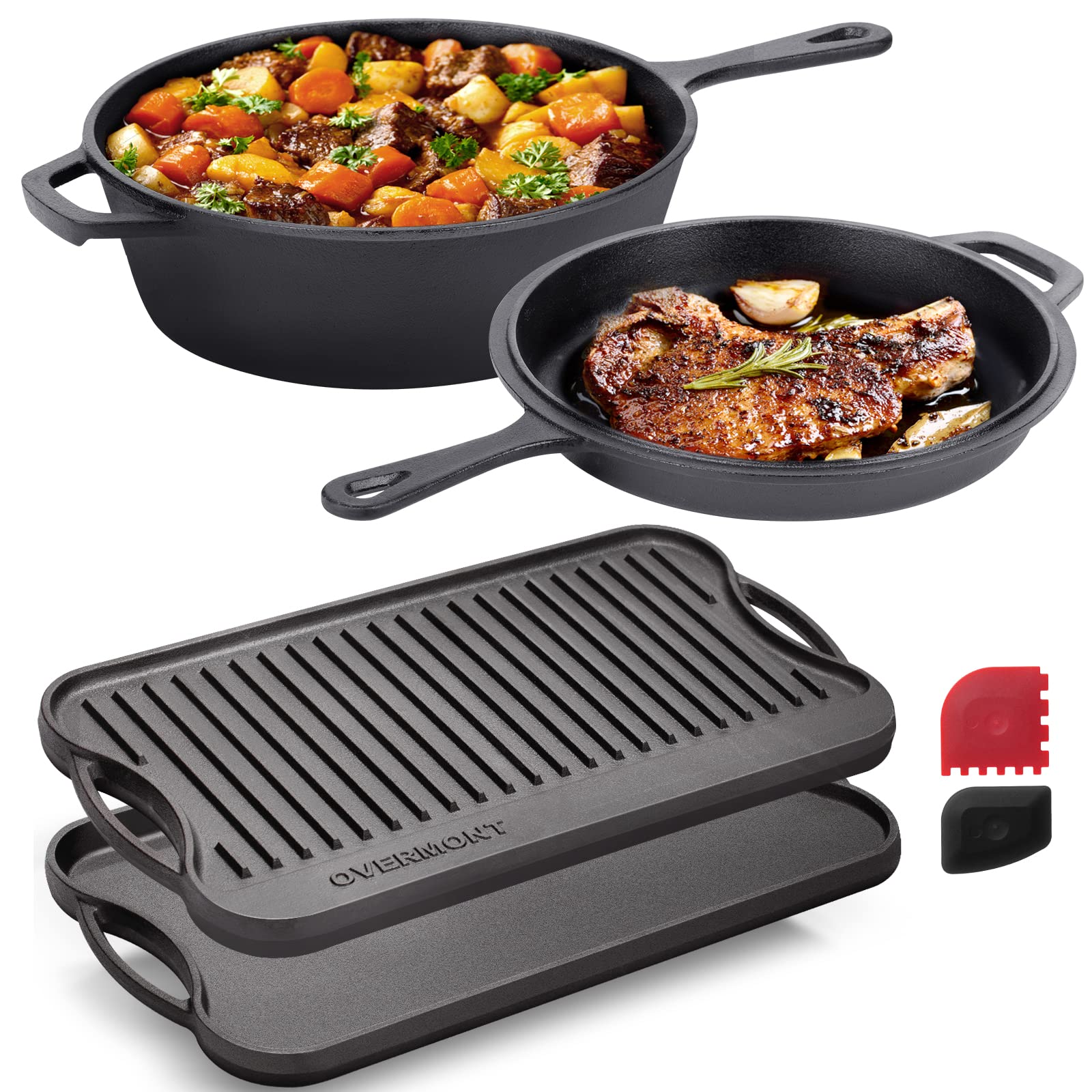 Overmont 2-in-1 Cast Iron Skillet & 17'' Griddle Bundle – Premium Cookware Set for Grilling, Searing & Baking – Perfect for Outdoor Camping, BBQ & Home Kitchen Use