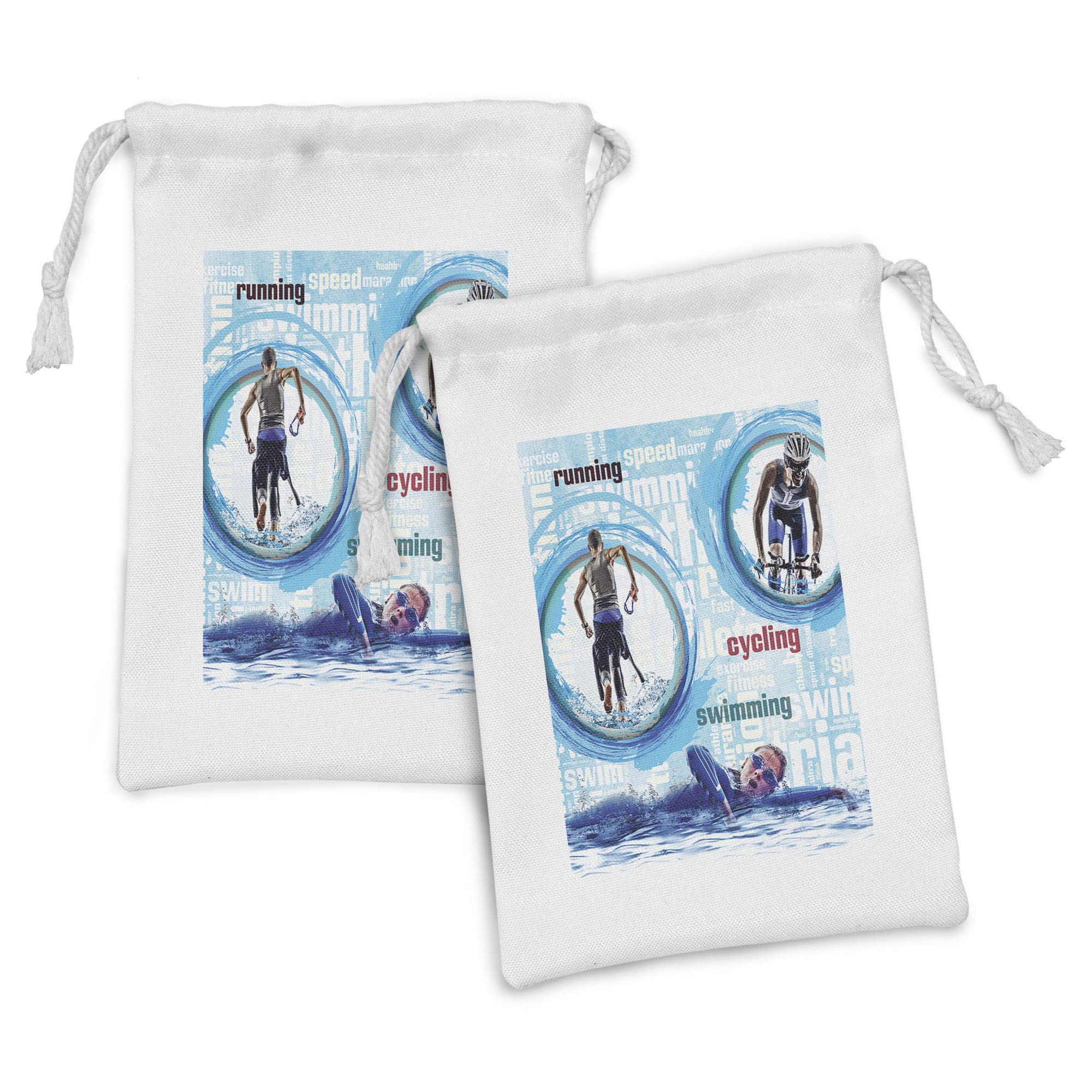 Ambesonne Triathlon Fabric Pouch Set of 2 - Running Cycling Swimming Themed Drawstring Bags for Toiletries, Masks & Gifts (9
