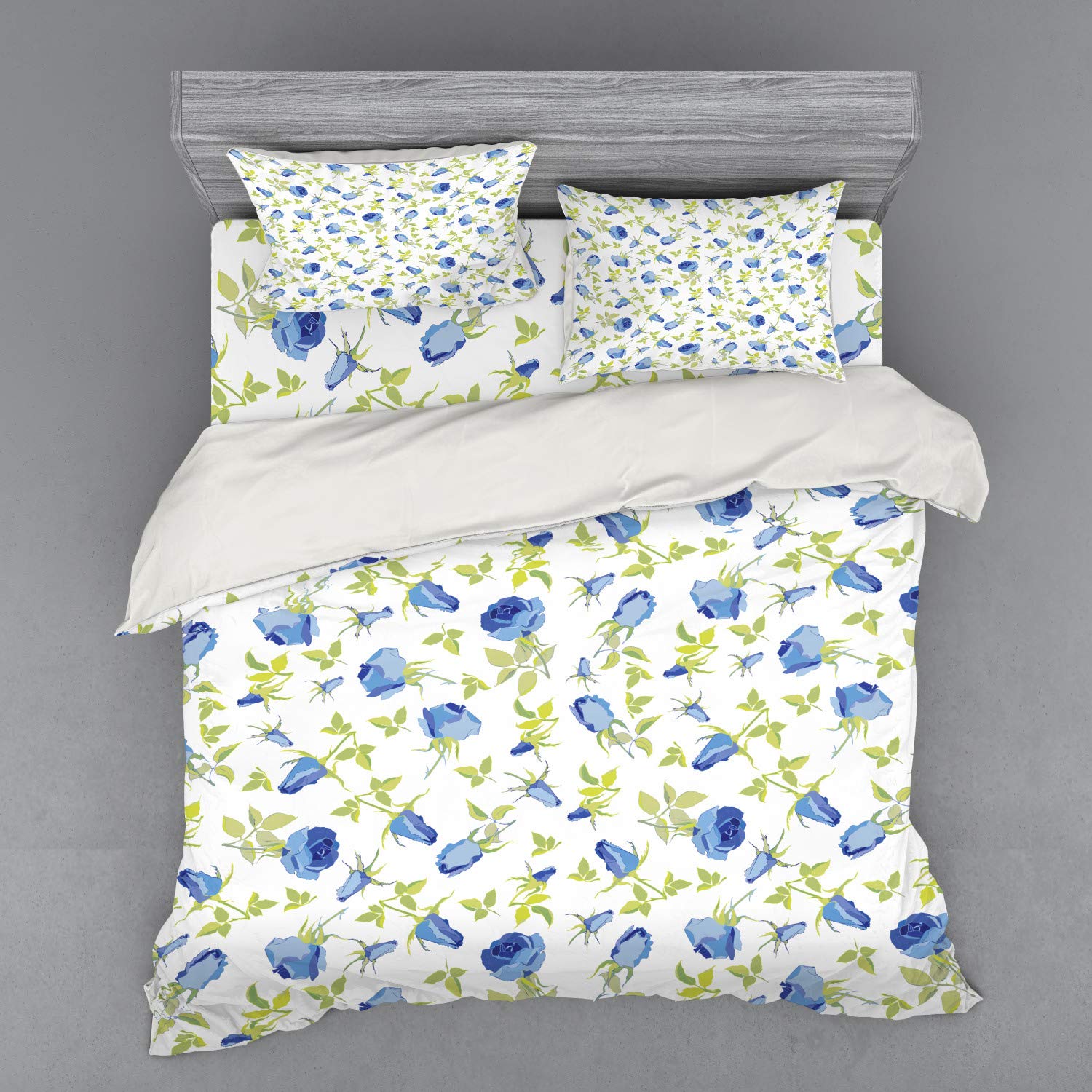 Ambesonne Green Floral Duvet Cover Set - King Size 4-Piece Bedding with Pillow Shams & Fitted Sheet | Abstract Rose Design in Blue, Pale Green & White | Perfect for Valentine's Day, Romantic Bedrooms & Boho Chic Home Decor