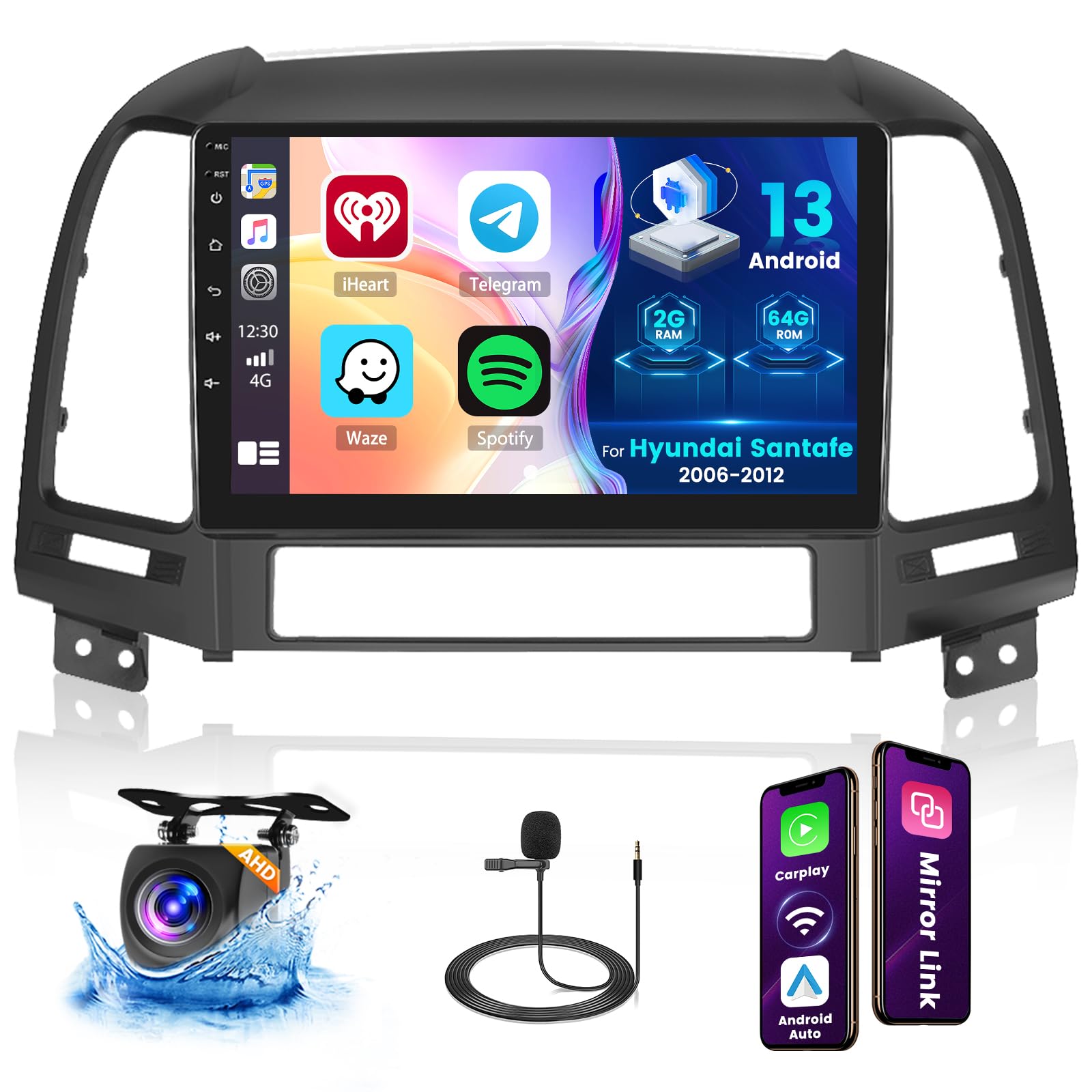 Hikity 9 Inch Android 13 Car Stereo with Wireless Apple CarPlay & Android Auto for 2006-2012 Hyundai Santa Fe - Bluetooth, GPS, WiFi, Touch Screen, Backup Camera, FM RDS, Mirror Link, EQ, SWC | Perfect for Hands-Free Calling, Navigation & Entertainment While Driving