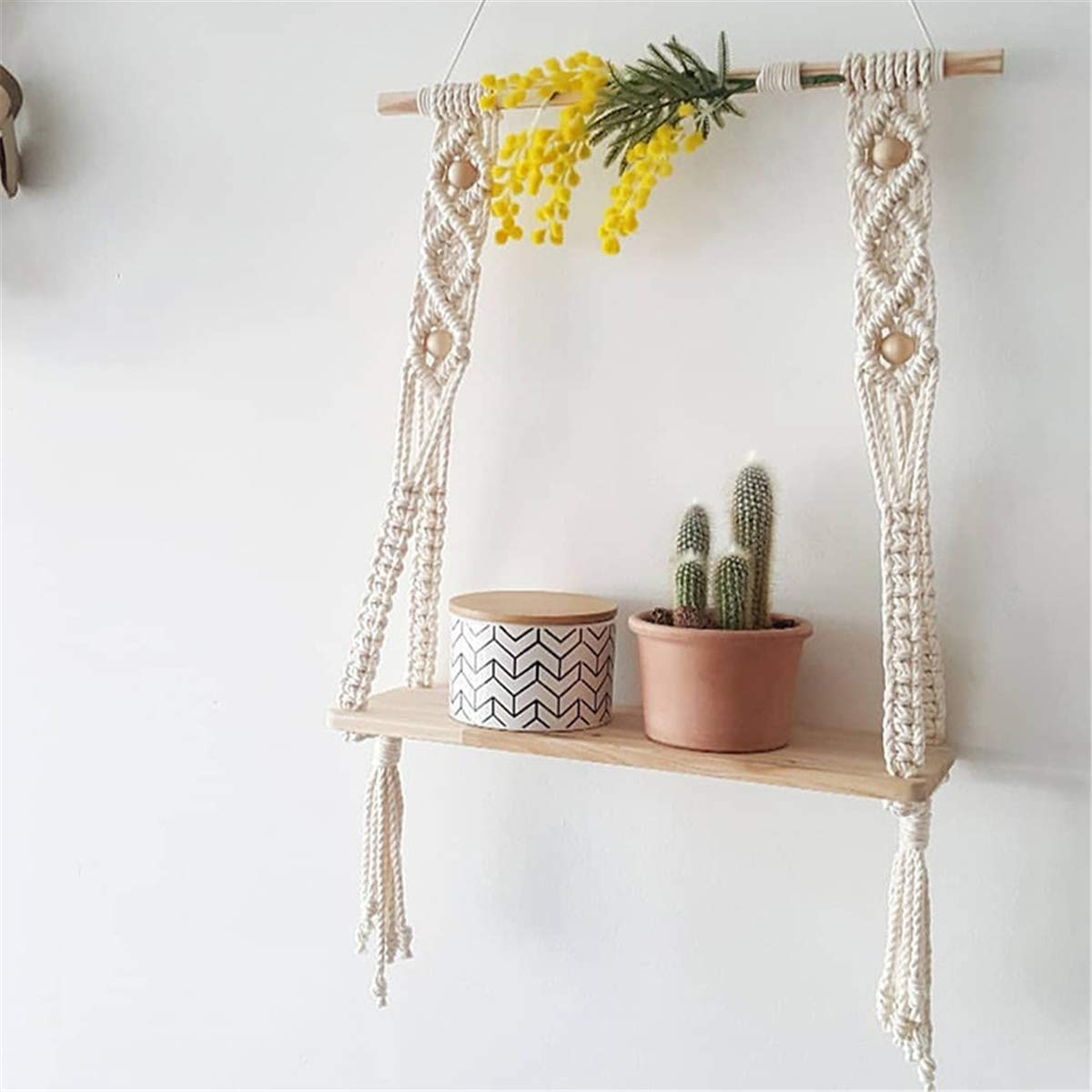 KKAI Floating Shelves - Handmade Macrame Wall Hanging Shelf with Wood Shelf | Boho Style Home Decor for Plants, Books & Display | Perfect for Living Room, Bedroom & Office Decor