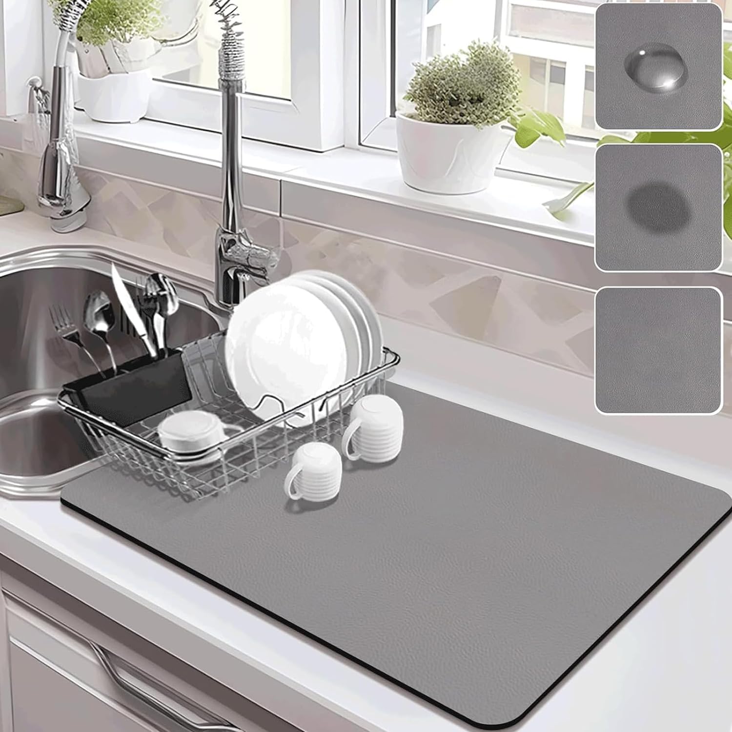Non-Slip Rubber Backed Dish Drying Mat for Kitchen Counter - Absorbent & Stain-Resistant Drying Pad - Perfect for Drying Dishes, Cups & Utensils (Pack of 1) - Ideal for Kitchen Countertops & Sink Areas