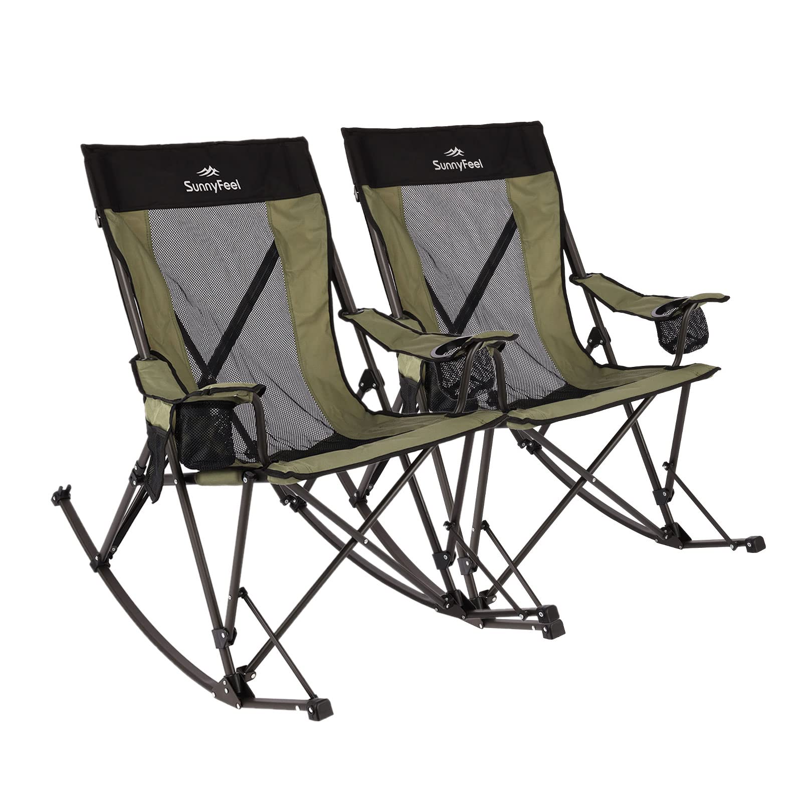 SunnyFeel Rocking Camping Chair - Heavy Duty 300LBS Capacity, Oversized Padded Recliner with Storage Pocket, Portable Folding Lawn Chair for Outdoor, Picnic, Beach, Patio & Backyard Relaxation | Perfect for Camping Trips, Tailgating & Summer BBQs