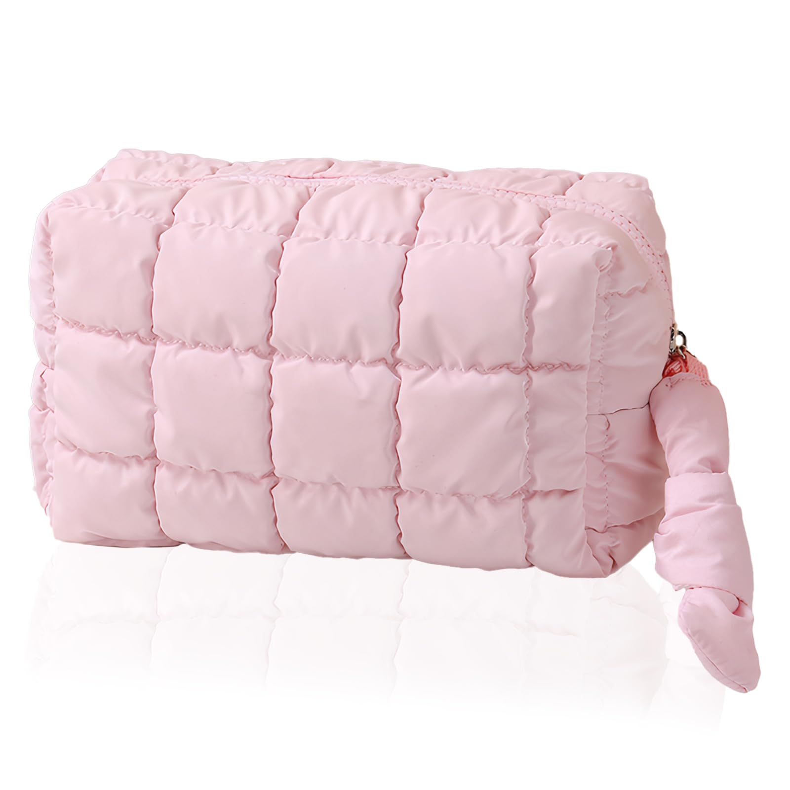 Quilted Pink Puffy Makeup Bag with Zipper - Cute Cosmetic Organizer for Travel & Purse | Waterproof Toiletry Pouch for Women | Perfect for Daily Use, Gym, Vacation & Gift Giving