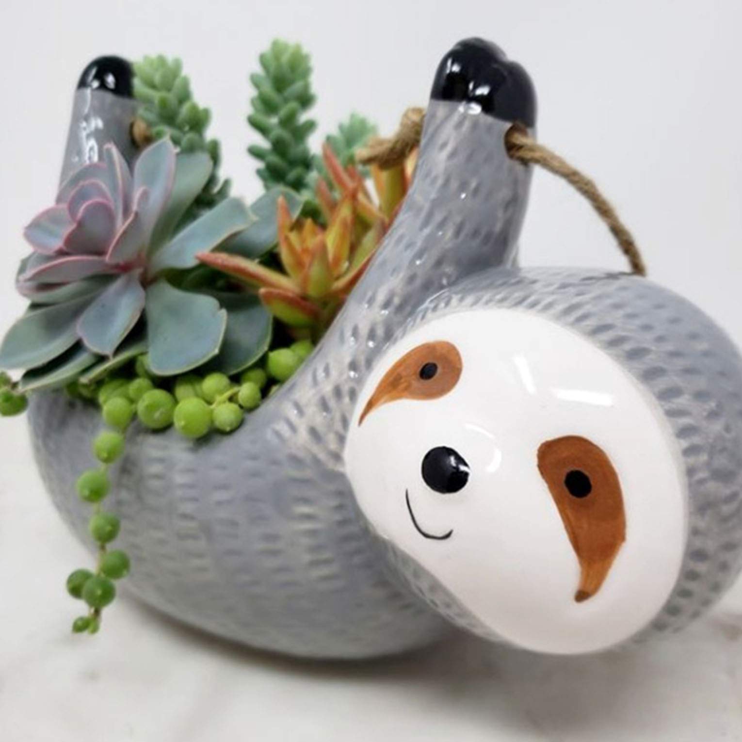 SilverFever Sloth Hanging Planter - Ceramic Succulent & Flower Pot for Indoor/Outdoor Plants - Grey Large Animal Planter for Home Decor, Garden & Patio