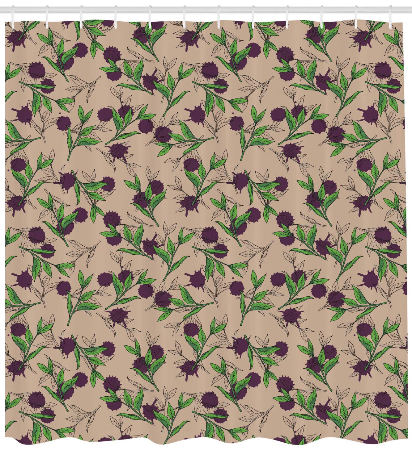 Ambesonne Floral Shower Curtain - Natural Tea Leaves with Purple Paint Drops Design, 69x70 Inch Fabric Bathroom Decor Set with Hooks in Tan Plum & Lime Green | Waterproof, Stylish & Durable for Bathroom, Spa, or Guest Room Decor
