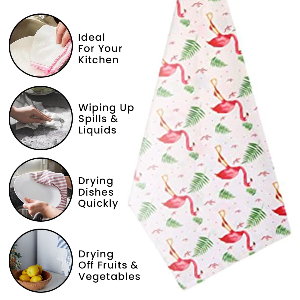 Premium Flamingo Printed Kitchen Towels Set of 3 - 100% Ring Spun Cotton, Super Absorbent Dish Cloths (17.7