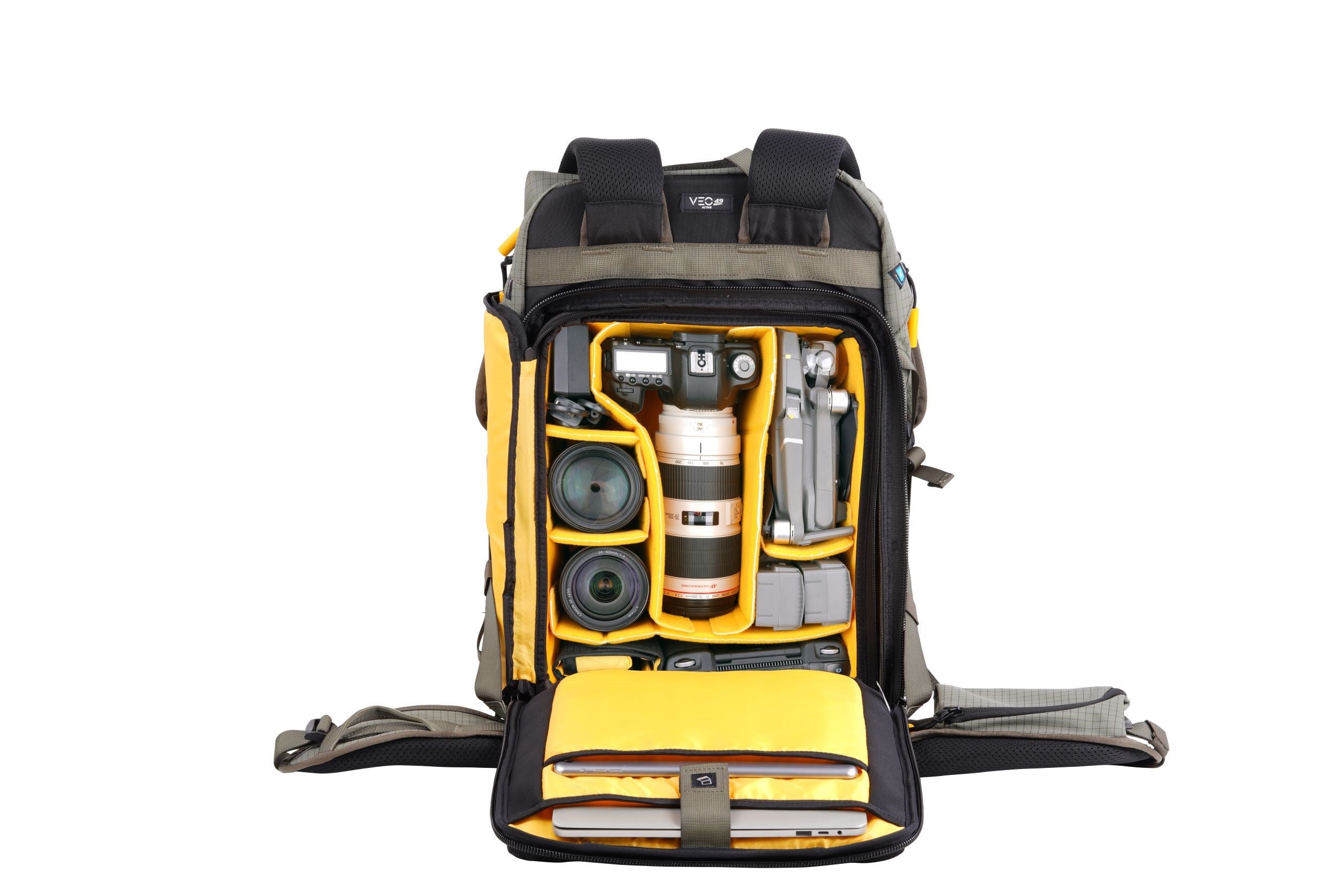 VEO Active 49 Gray Camera Backpack with USB Charger Port - Waterproof DSLR Bag for Travel & Outdoor Photography