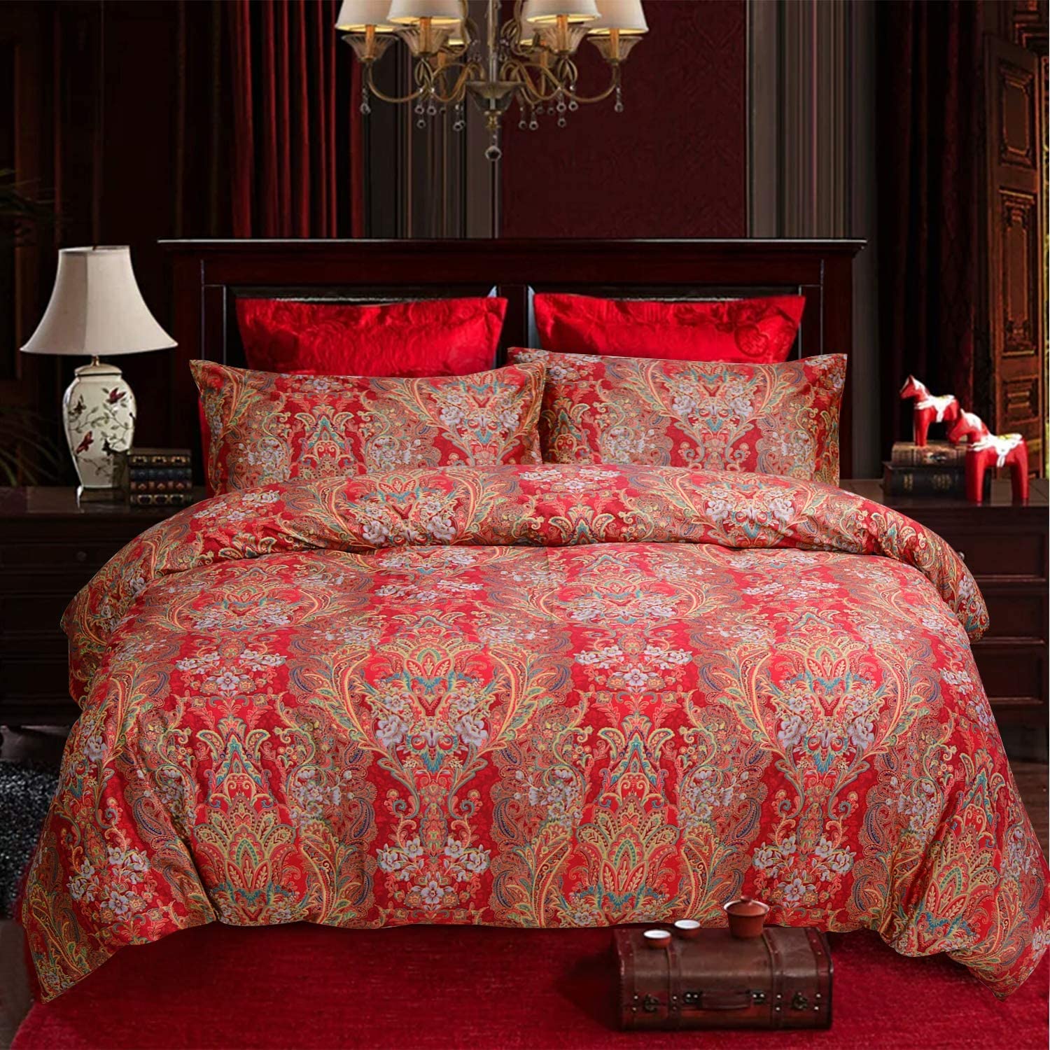 Softta Boho Bedding Set 3-Piece King Size - 100% Egyptian Cotton Red & Gold Paisley Duvet Cover with Bohemian Damask Pattern | Perfect for Master Bedroom, Guest Room & Bohemian Style Home Decor