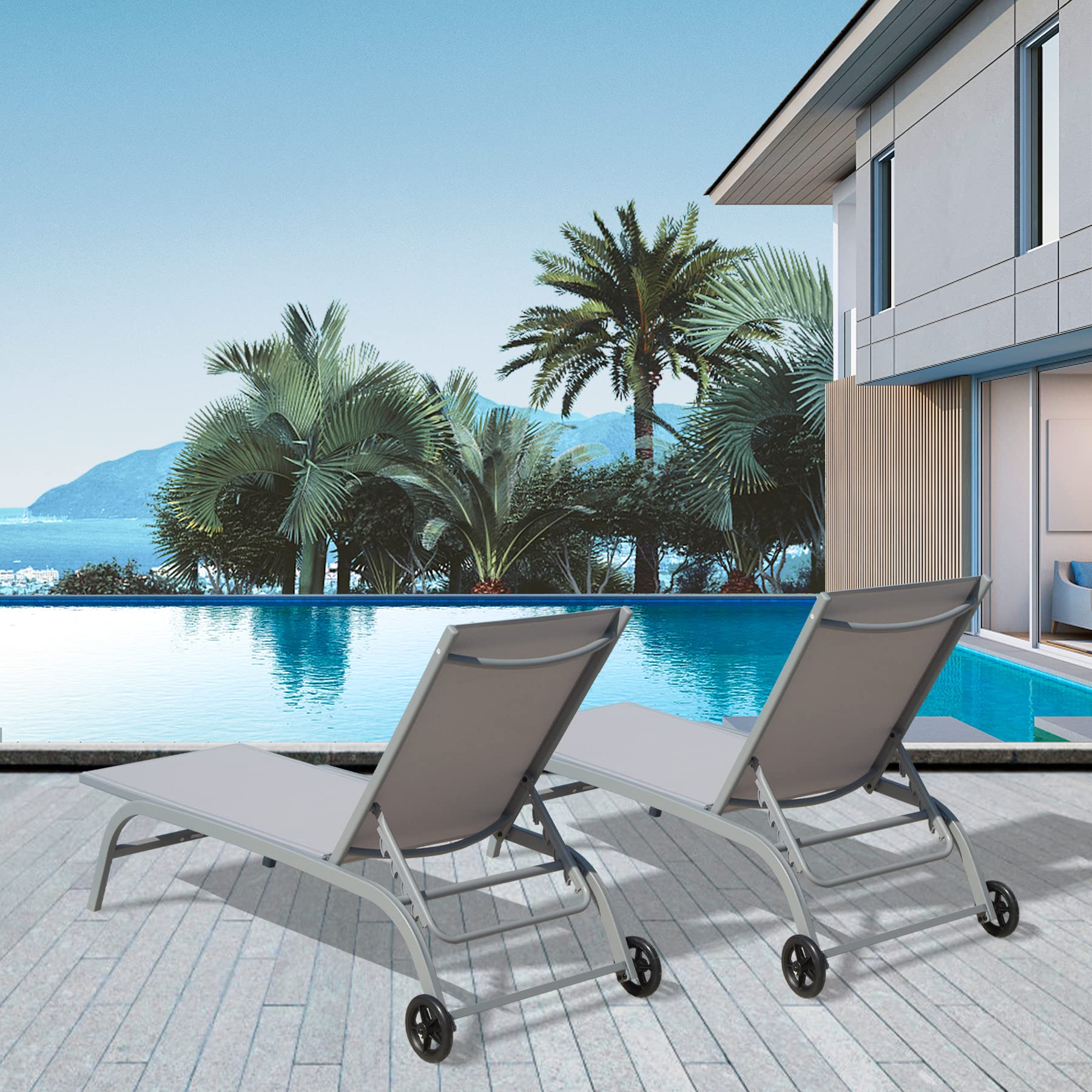 **Domi Outdoor Chaise Lounge Set of 2 - Adjustable Poolside Chairs with Wheels for Patio, Beach, Yard & Deck - Grey - Perfect for Sunbathing, Relaxing & Lounging by the Pool**