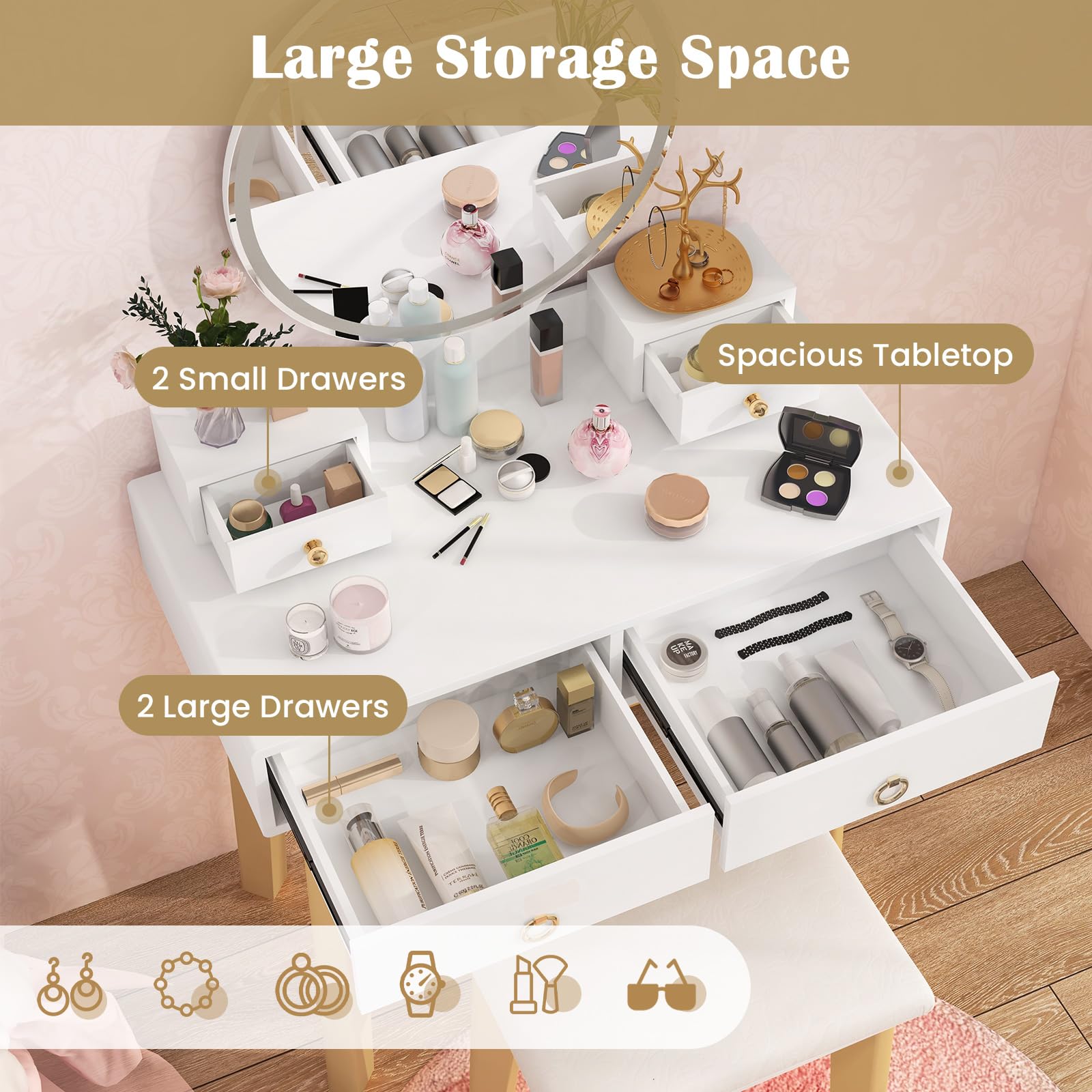 Charmaid White Vanity Desk with Mirror & LED Lights - Modern Makeup Dressing Table with 4 Drawers, Adjustable Brightness & 3 Lighting Modes, Includes Vanity Stool - Perfect for Girls' Small Bedroom, Home Makeup Studio & Beauty Corner