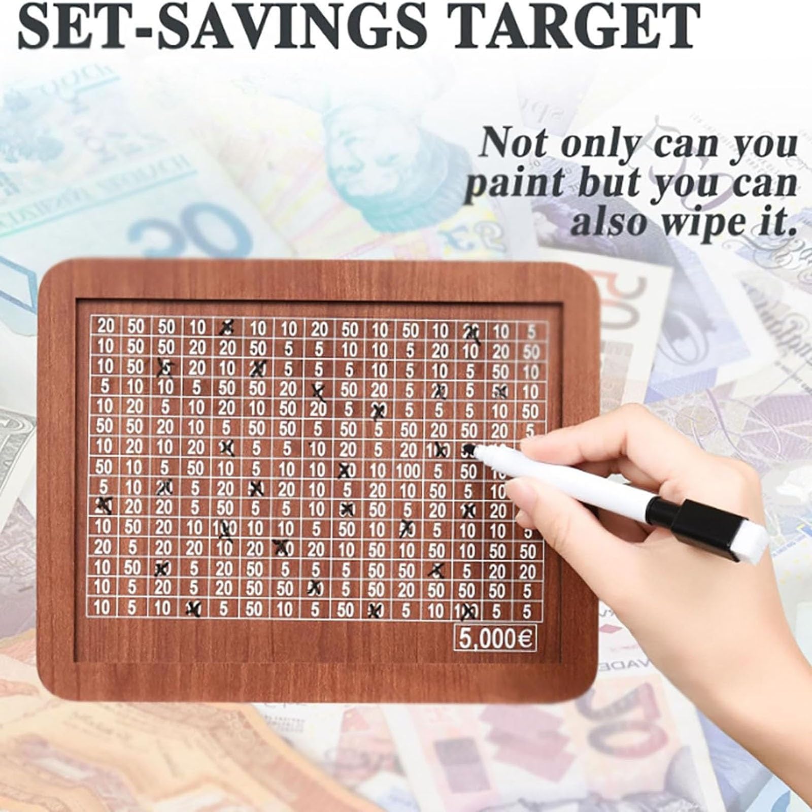 Tenkaybox Wooden Cash Saving Box - 10000 Savings Challenge with Money Target & Numbers | Light Color | Perfect for Budgeting, Kakeibo Method & Financial Goals