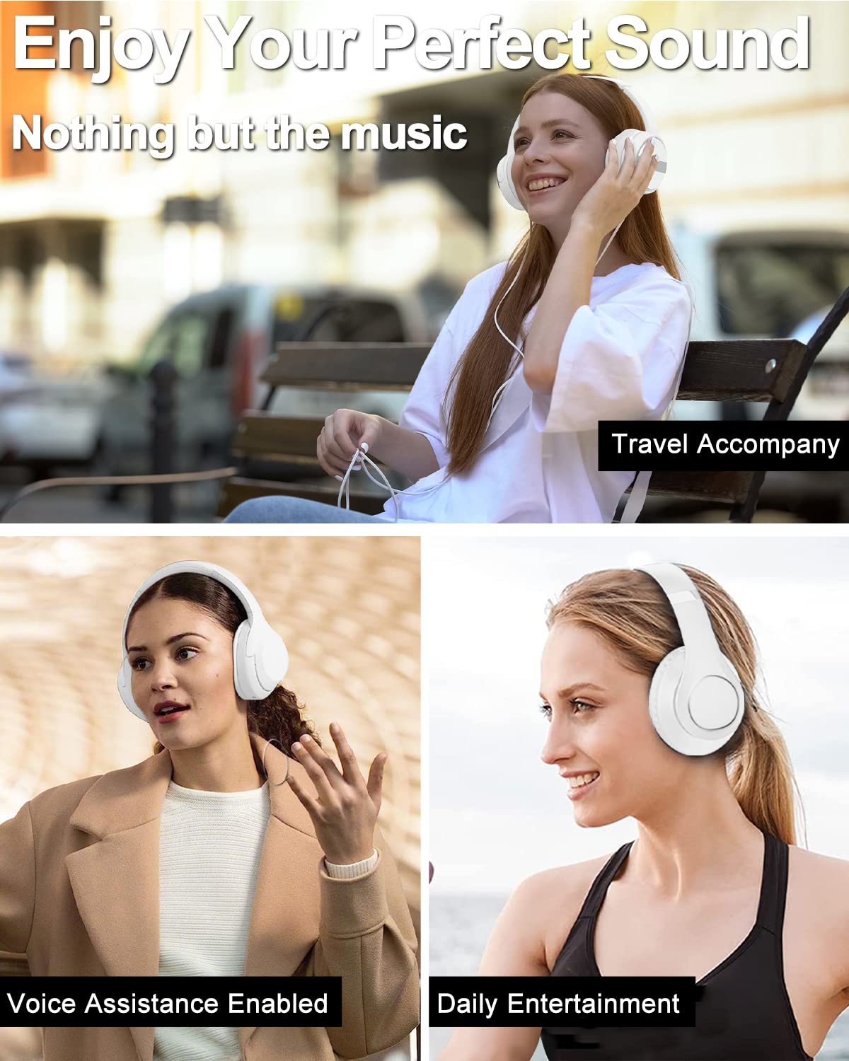 Wireless Bluetooth Over-Ear Headphones with Microphone - 40H Playtime, HiFi Stereo Sound, Foldable & Lightweight for Travel, Work, Gaming & Commuting (White)