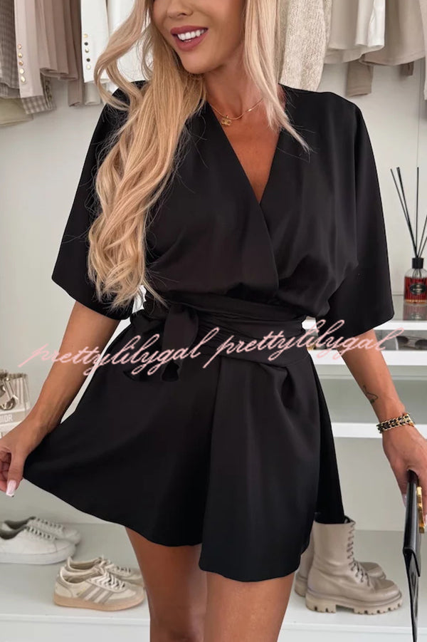 Stylish Comfortable V-Neck Wide Sleeve Tie-Up Loose Romper for Women - Summer Casual Outfit, Beach Cover-Up, Lounge Wear, and Vacation Essentials