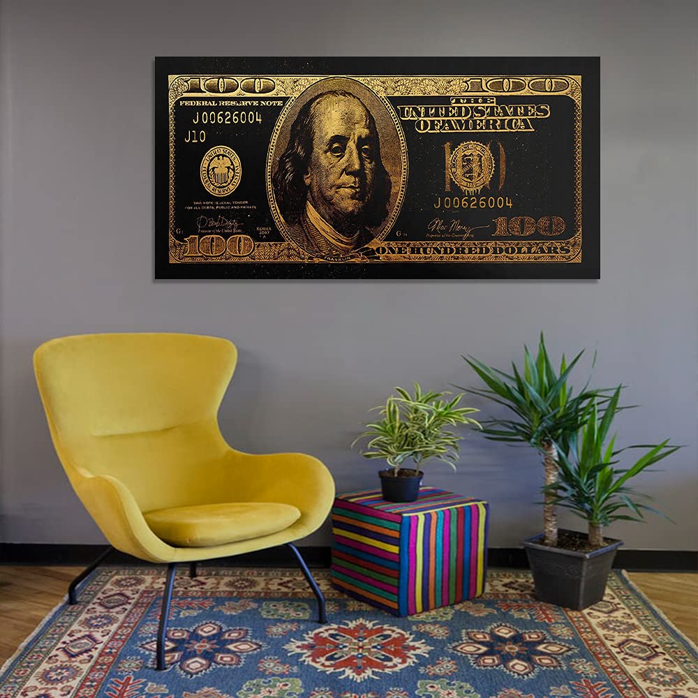 GUBIYU Black and Gold 100 Dollar Bill Wall Art Canvas Print - Office Decor, Money Pop Art, Entrepreneur Motivational Poster (24x48 inches) - Perfect for Home Office, Man Cave, or Business Gift