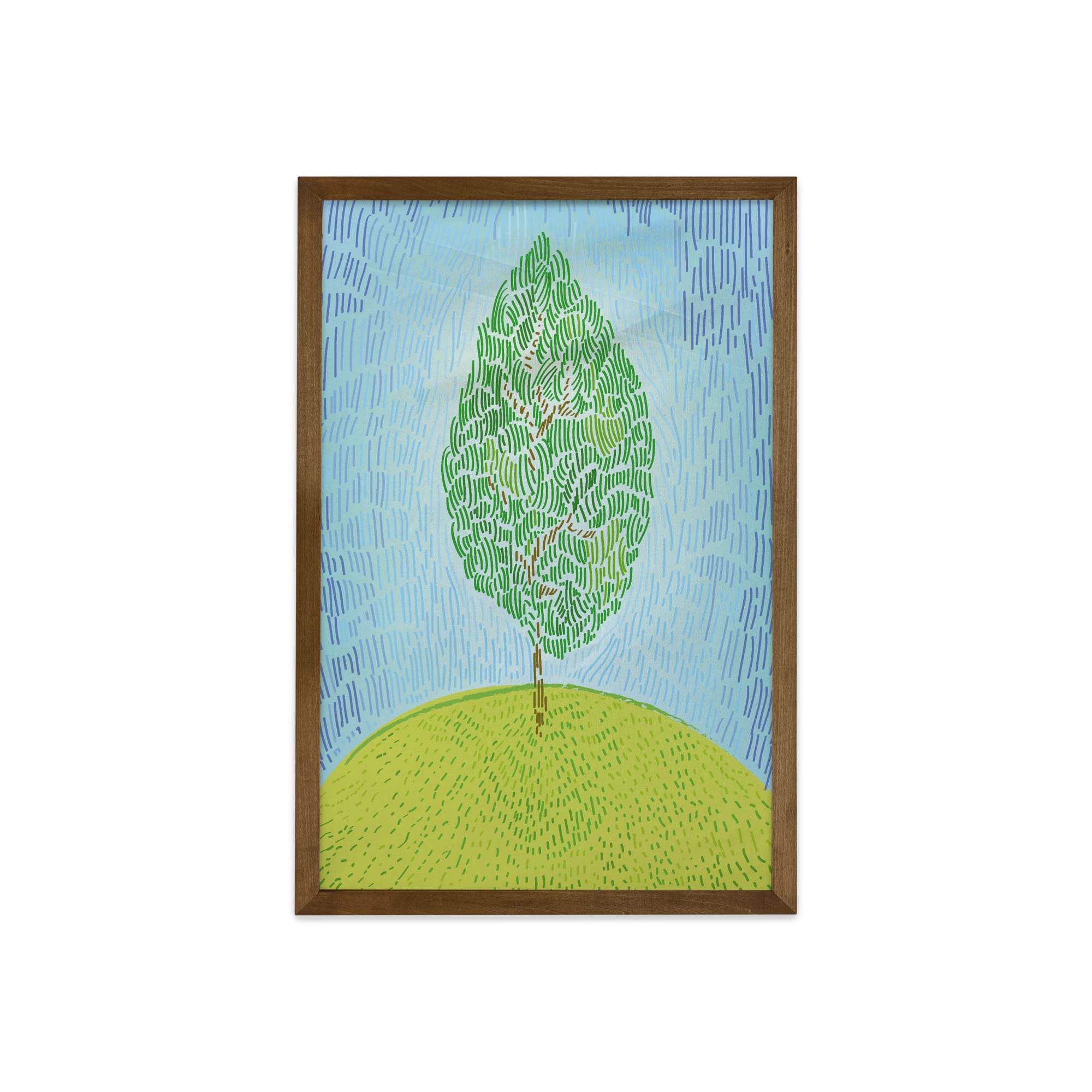 Ambesonne Nature Framed Wall Art - Abstract Tree on Hill Painting, Teak Wood Frame Fabric Decor for Living Room, Bedroom & Dorm (23x35 Inch, Sky Blue Apple Green) | Modern Home & Office Wall Decor