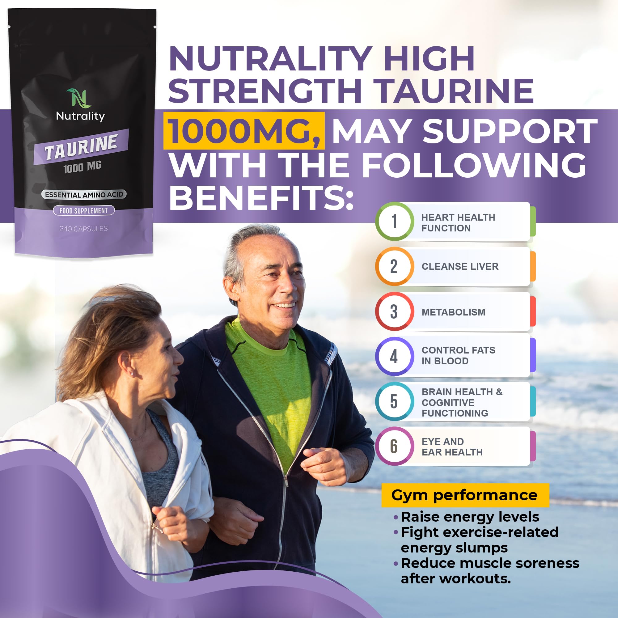 Nutrality Taurine Supplement 1000mg - Premium Energy & Endurance Booster | Vegan Amino Acid Capsules for Heart Health, Brain Function & Better Sleep | 240 Count | Great for Athletes, Students & Busy Professionals