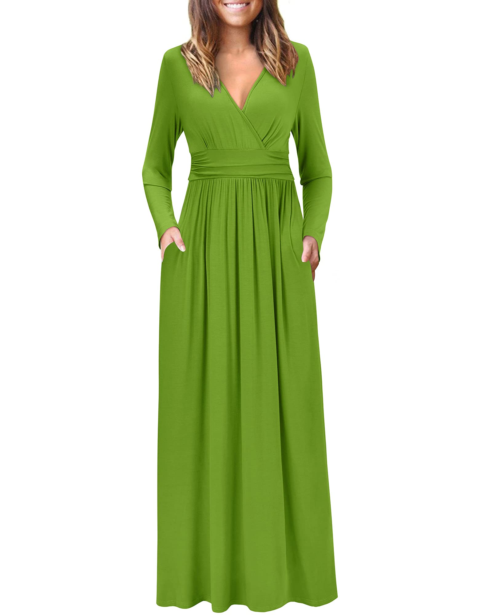 OUGES Women's Long Sleeve V-Neck Wrap Waist Maxi Dress - Elegant Flowy Summer Beach Dress for Vacation, Party & Casual Wear