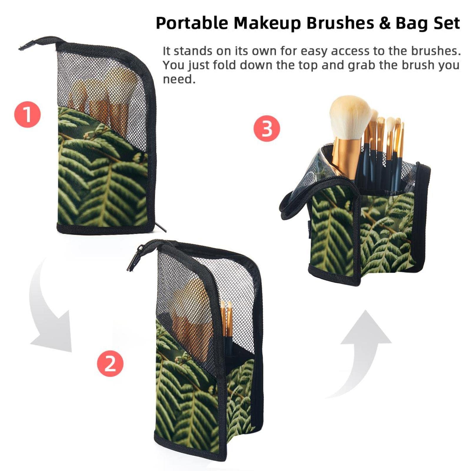 12-Piece Makeup Brush Organizer Bag with Green Plant Tree Leaves Design | Portable Makeup Brush Holder Case for Travel & Home Storage | Perfect for Makeup Artists & Beauty Enthusiasts