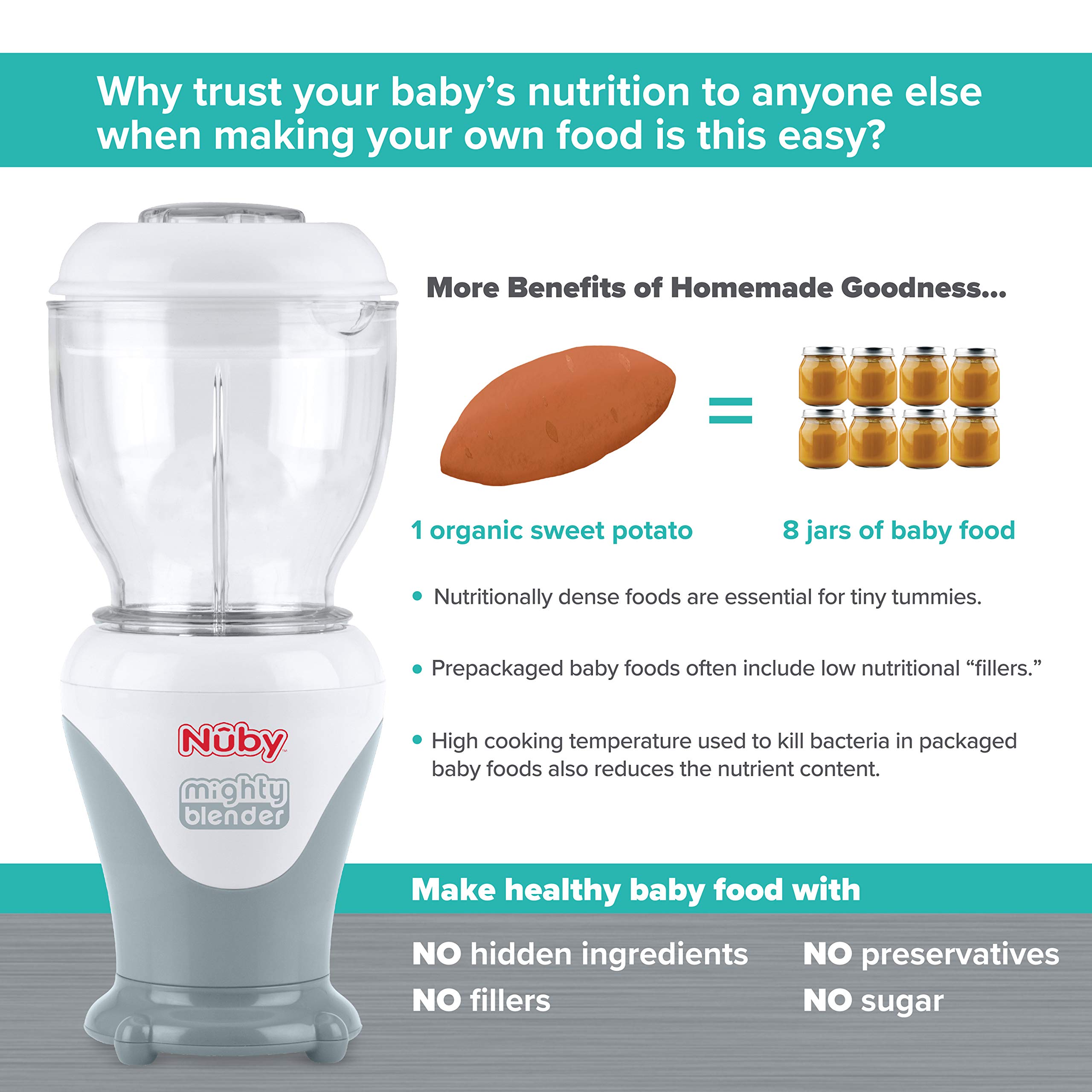 Nuby Mighty Blender with Cookbook - 22-Piece Baby Food Maker Set for Different Weaning Stages - Cool Gray Design - Perfect for Homemade Purees, Smoothies & Healthy Baby Meals