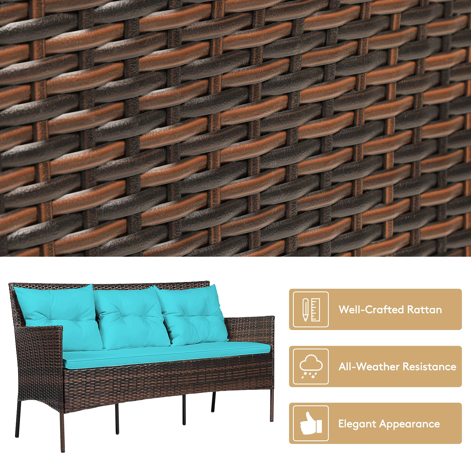 Outdoor Rattan Conversation Set - 3 Piece Patio Furniture with Tempered Glass Coffee Table, 5 Elastic Seat & Back Cushions, Sectional Sofa for Poolside, Balcony, Backyard | Perfect for Relaxing, Entertaining & Outdoor Gatherings