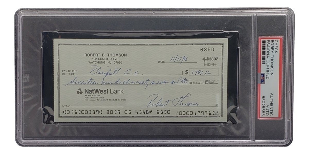 Authentic Bobby Thomson New York Giants Signed Bank Check with PSA/DNA Certification #85025555 - Perfect for Sports Memorabilia Collectors and Baseball Fans