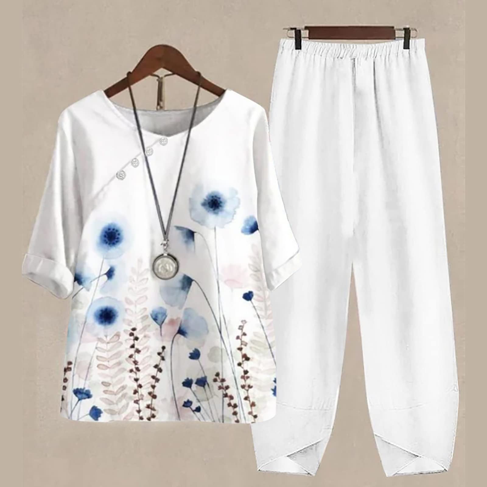 Women's Summer Linen Outfits - 2 Piece Lounge Set with Half Sleeve T-Shirt & Cotton Linen Pants | Plus Size Vacation Wear for Beach, Travel & Casual Comfort
