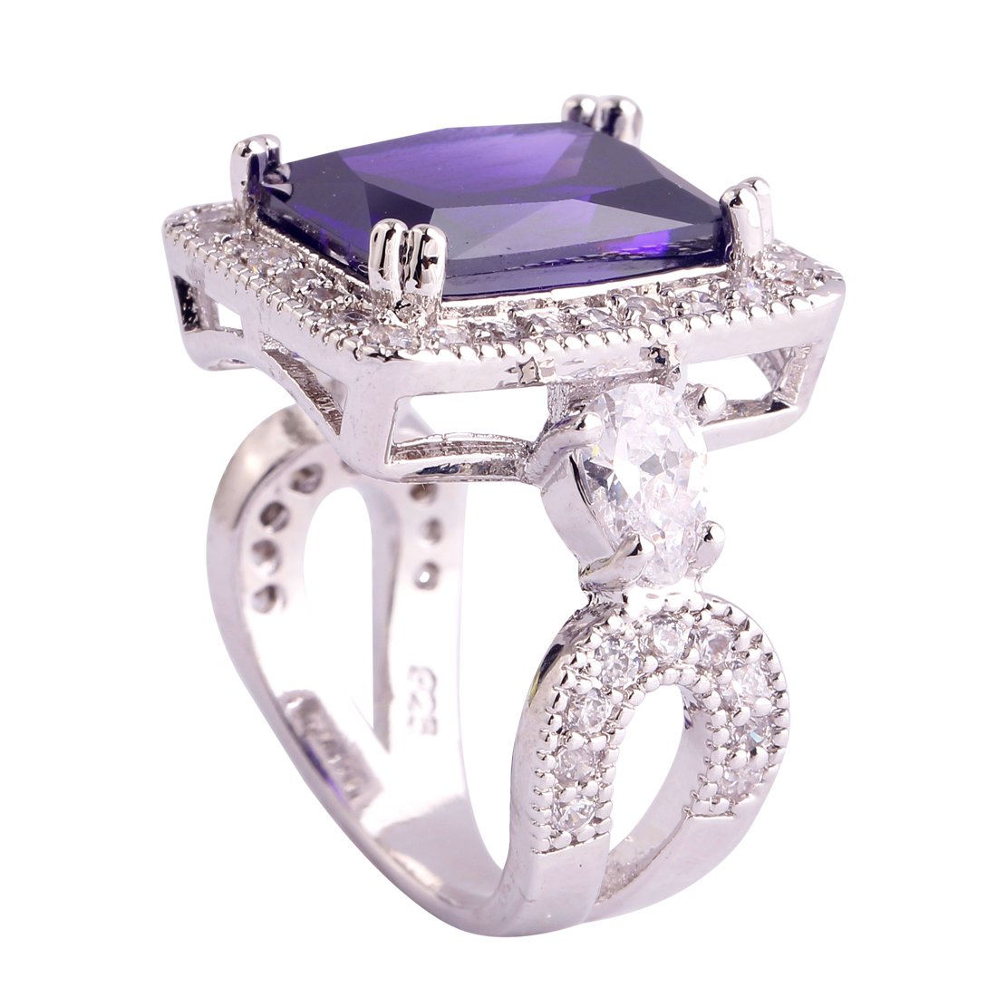 925 Sterling Silver Plated Simulated Amethyst Halo Statement Ring for Women - Elegant Anniversary Gift, Wedding Jewelry, Party & Evening Wear Accessory