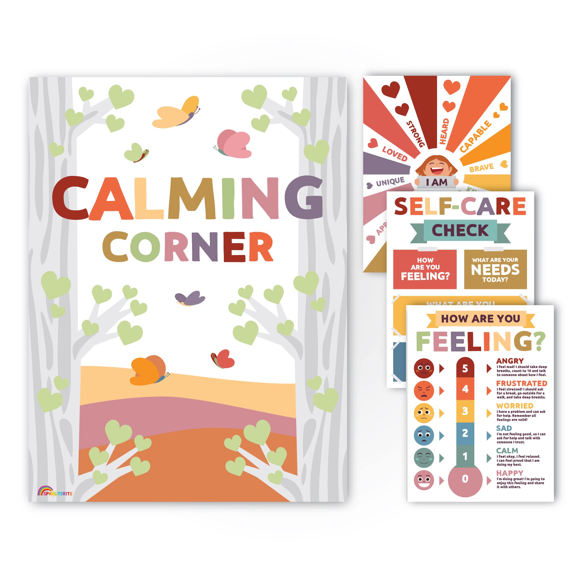 Calming Corner Posters - 12 Pack Neutral Classroom Decor for Elementary, Middle & High School | Educational Wall Art for Stress Relief & Mindfulness | Perfect for SEL Spaces, Counseling Offices & Quiet Zones