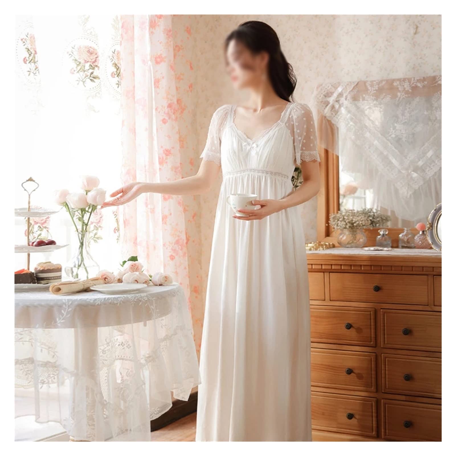 **Women's Cotton Lace Short Sleeve Nightgown - Summer Long Pajama Dress for Sleeping, Lounge & Travel - Fairy Princess Style (Color: A, Size: XL)**