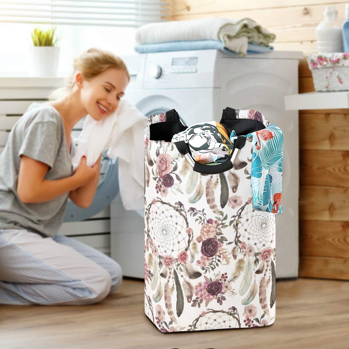AUUXVA Boho Ethnic Dreamcatcher Rose Flower Laundry Hamper - Collapsible Clothes Basket, Foldable Storage Bin & Shopping Bag - Perfect for Bedroom, Bathroom, Dorm & Kids Toy Organization